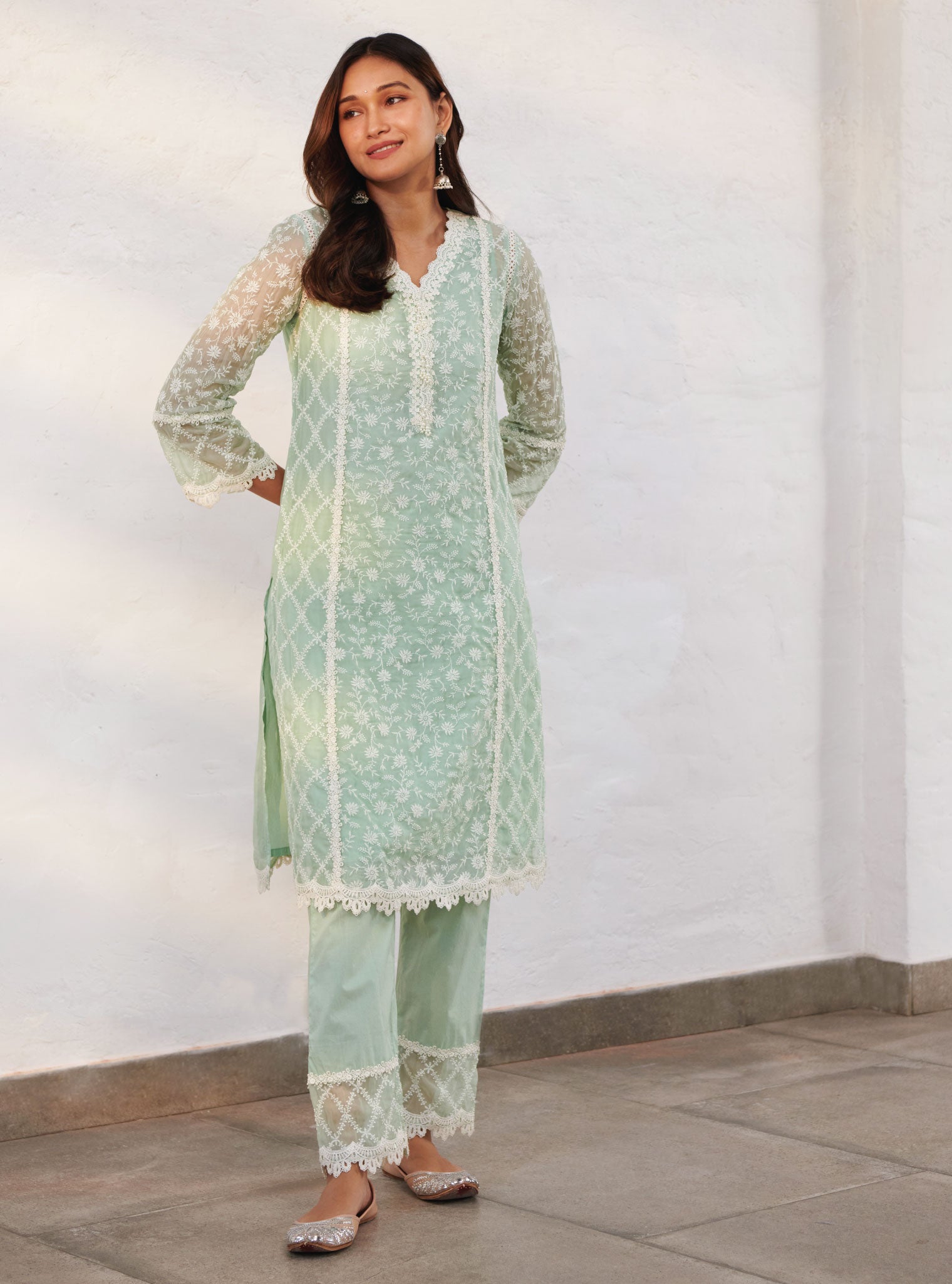 Sunderland Organza Green Kurta Set