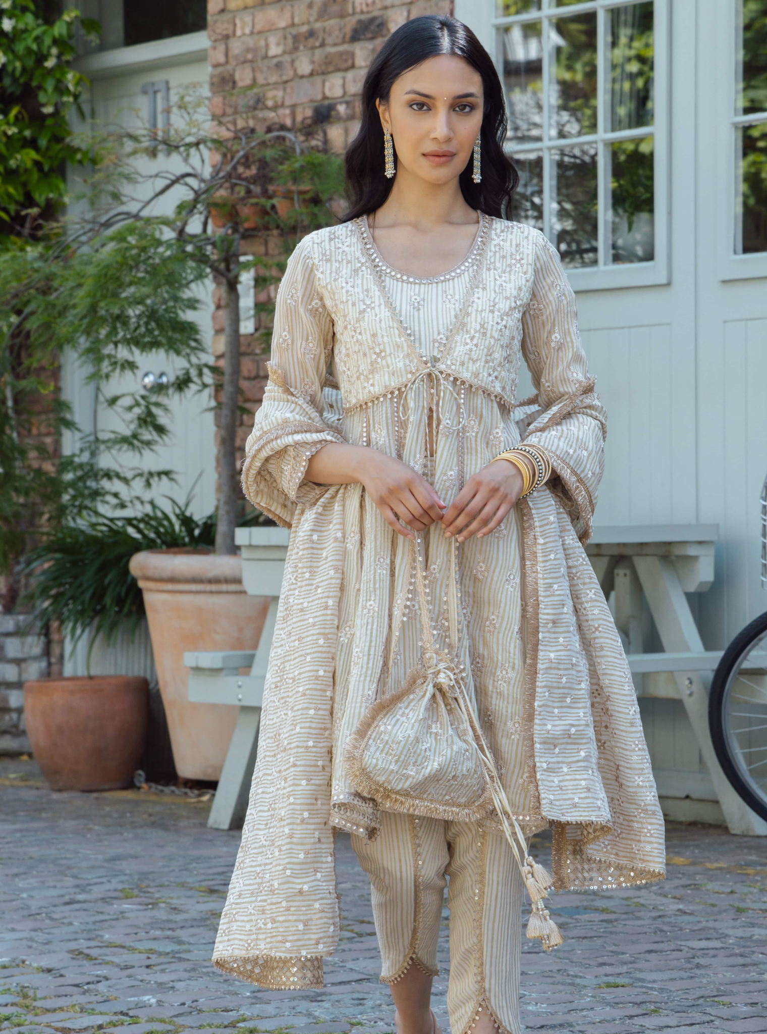 Finsbury Banarsi Short Off White Anarkali Kurta Set