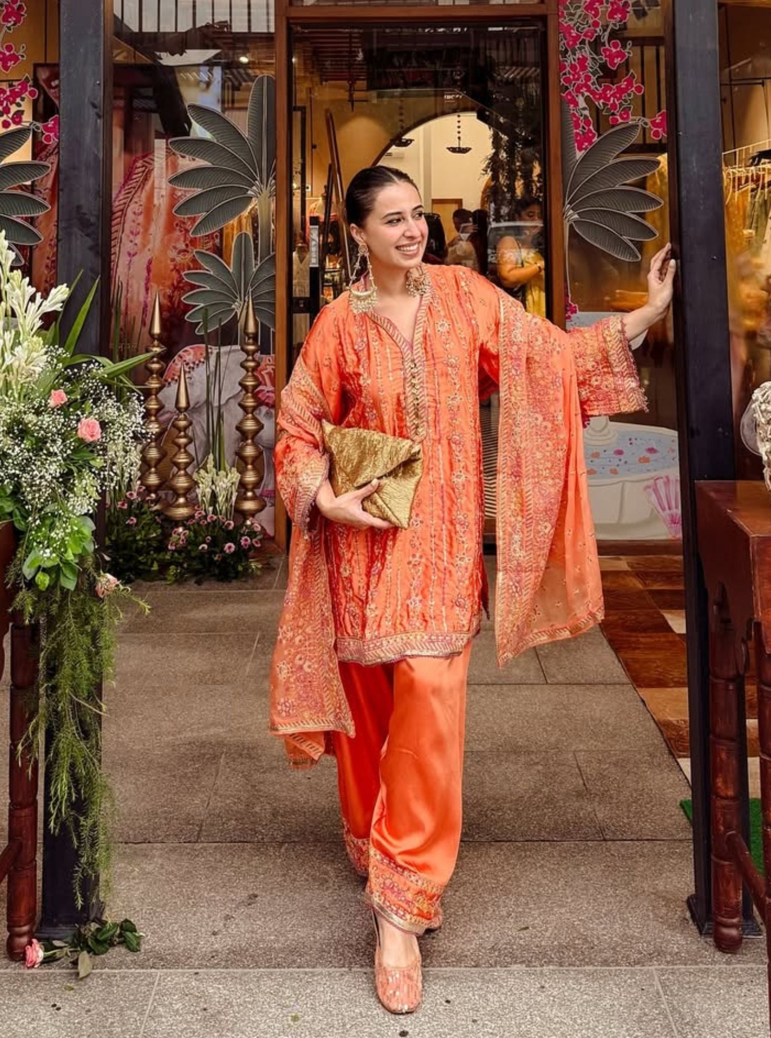 Pralika Bemberg Satin Orange Kurta With Farshi Salwar