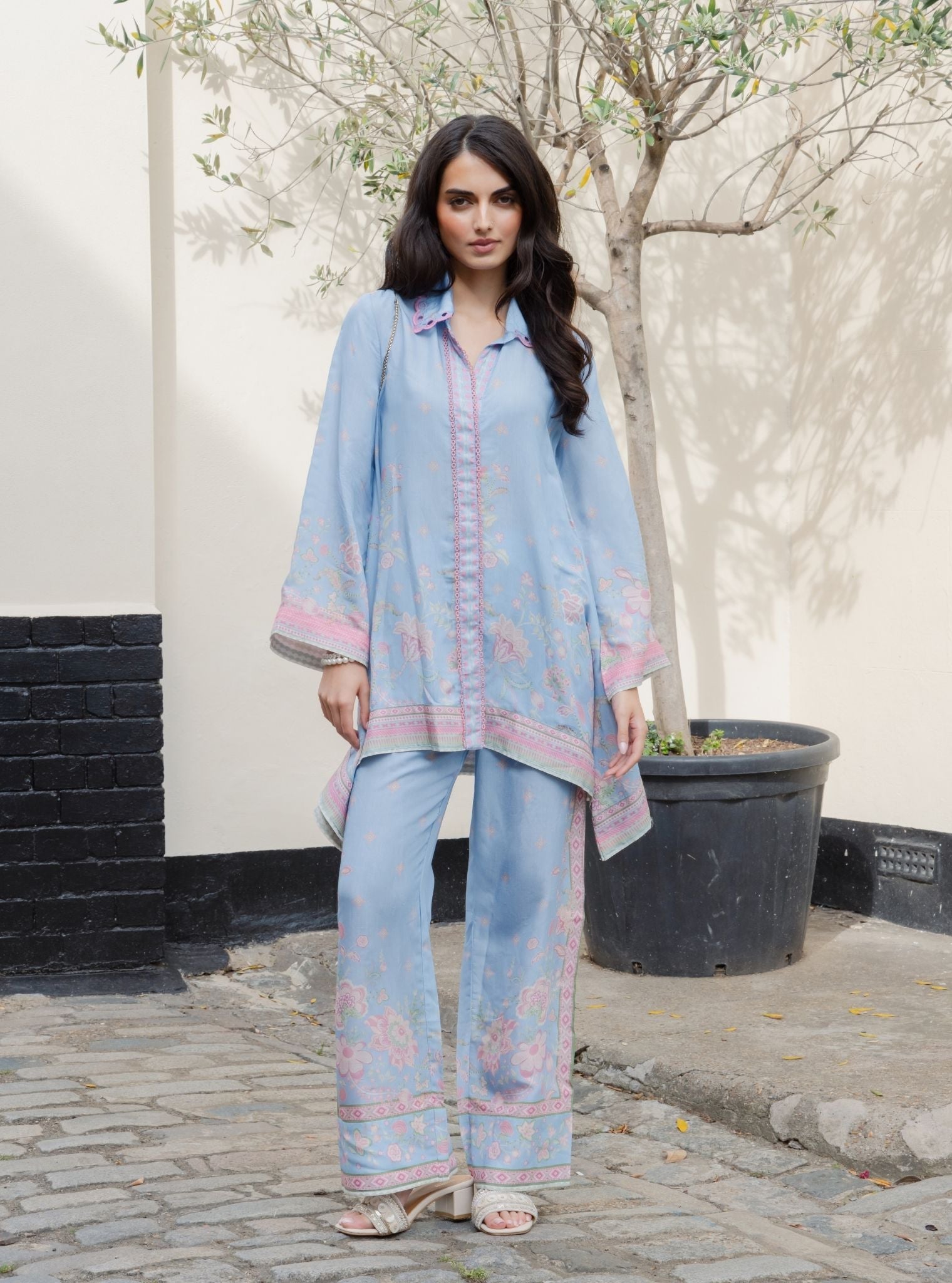 Odelle Lawn Printed Steel Blue Shirt Set