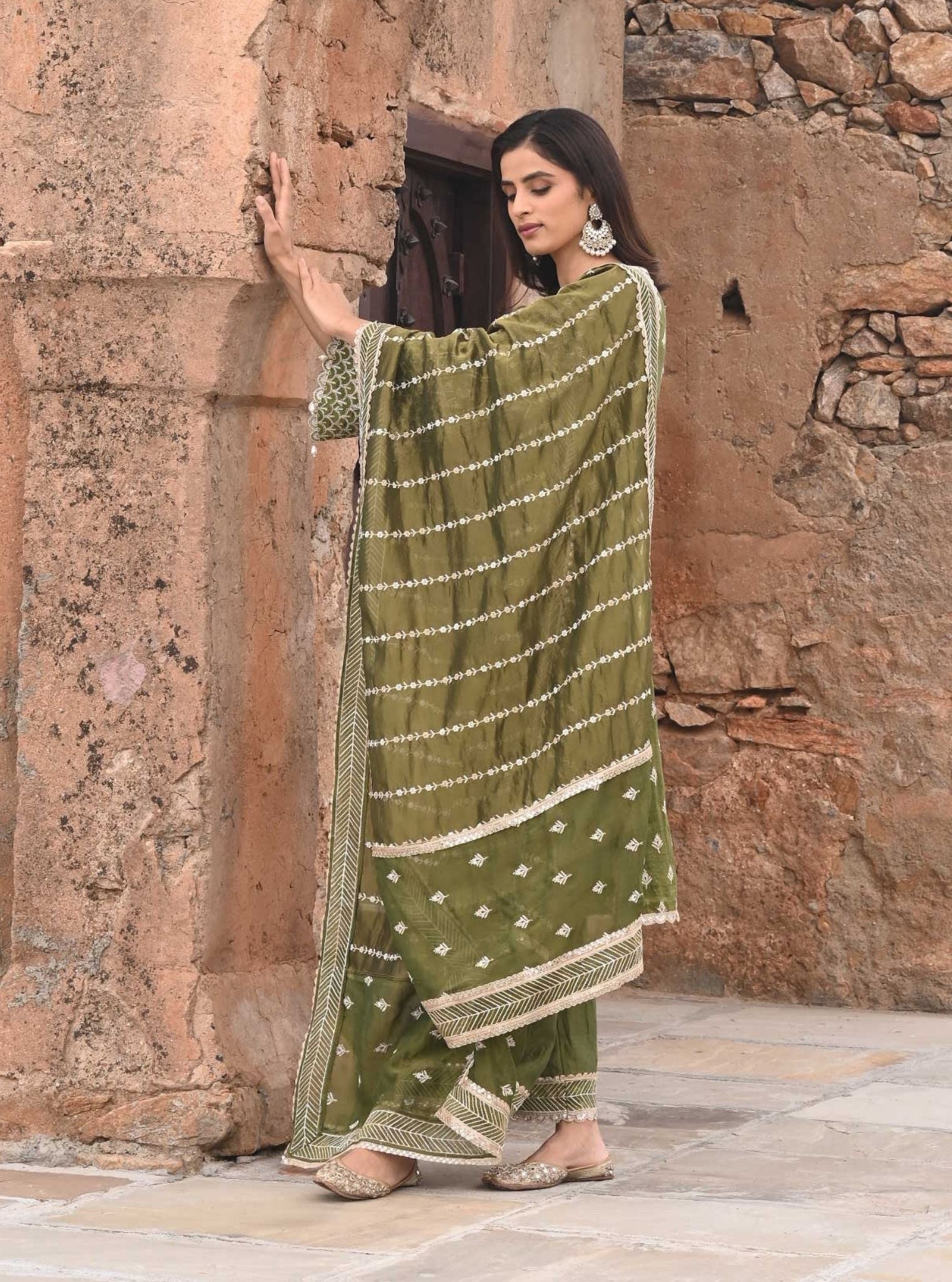 Dholna Luxe Tissue Satin Moss Green Kurta Set