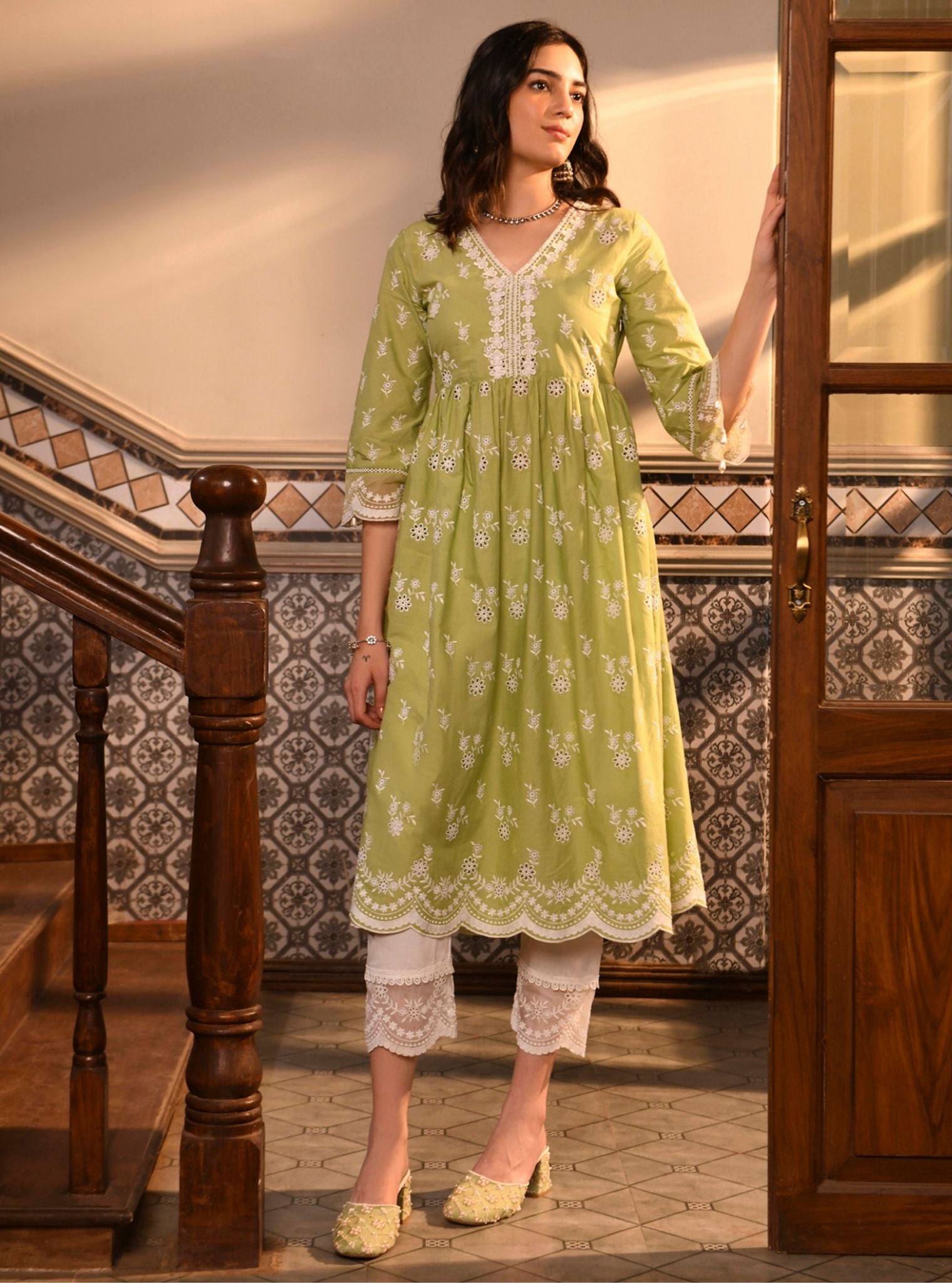Afarin Supima Cotton Light Green Anarkali Kurta Set