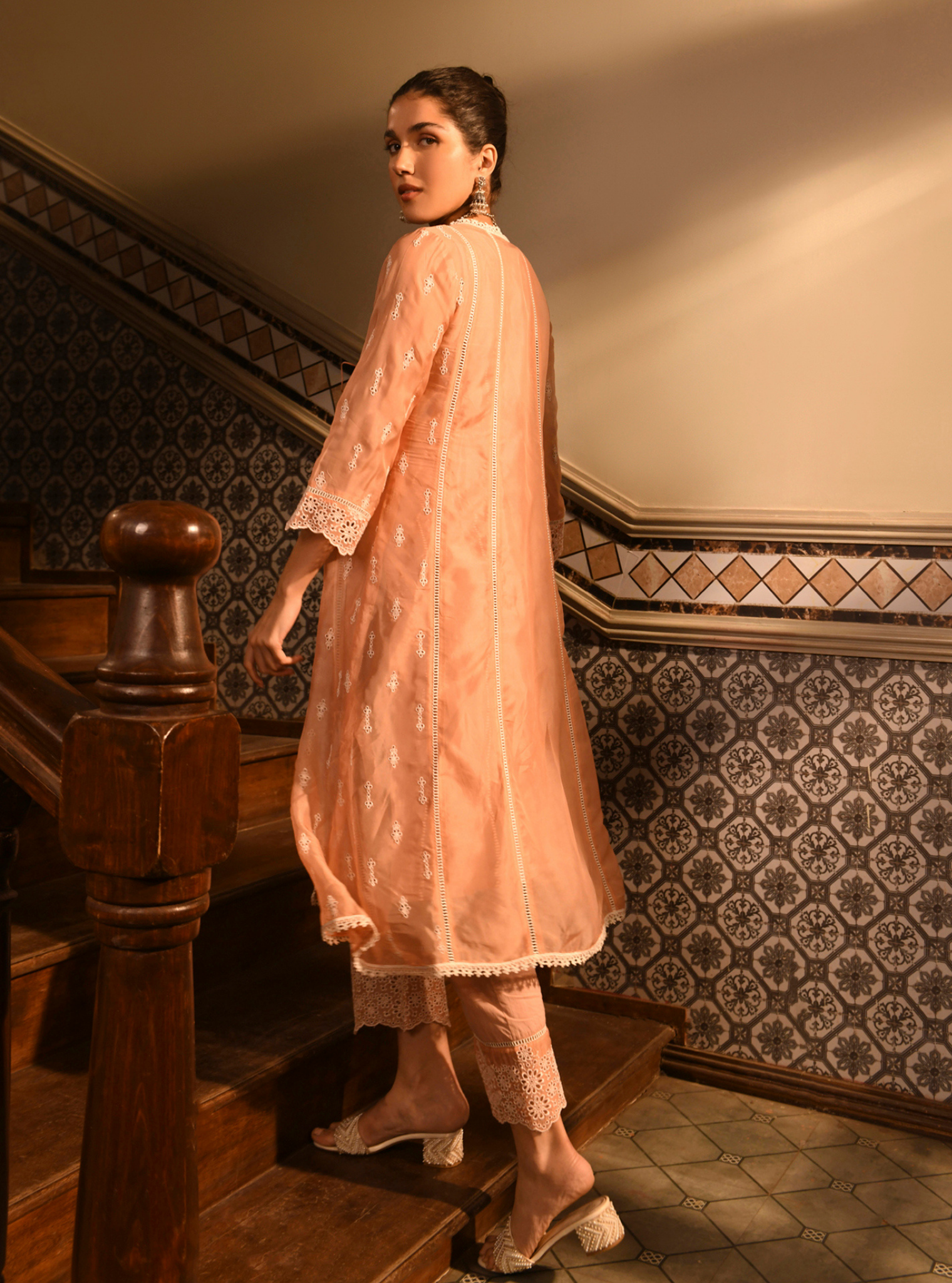 Vashti Organza Peach Anarkali Set