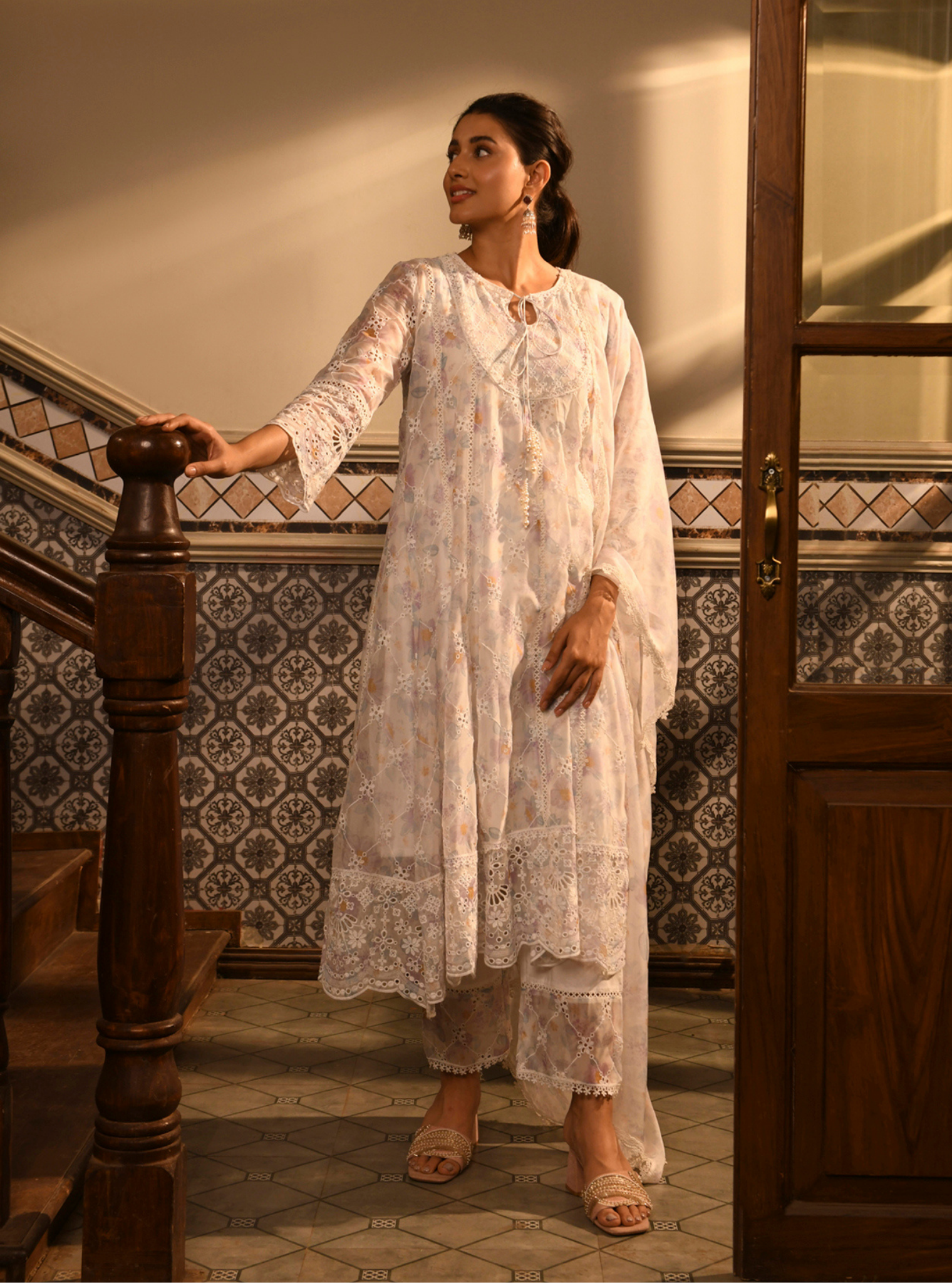 Idika Organza Printed White Anarkali Kurta Set