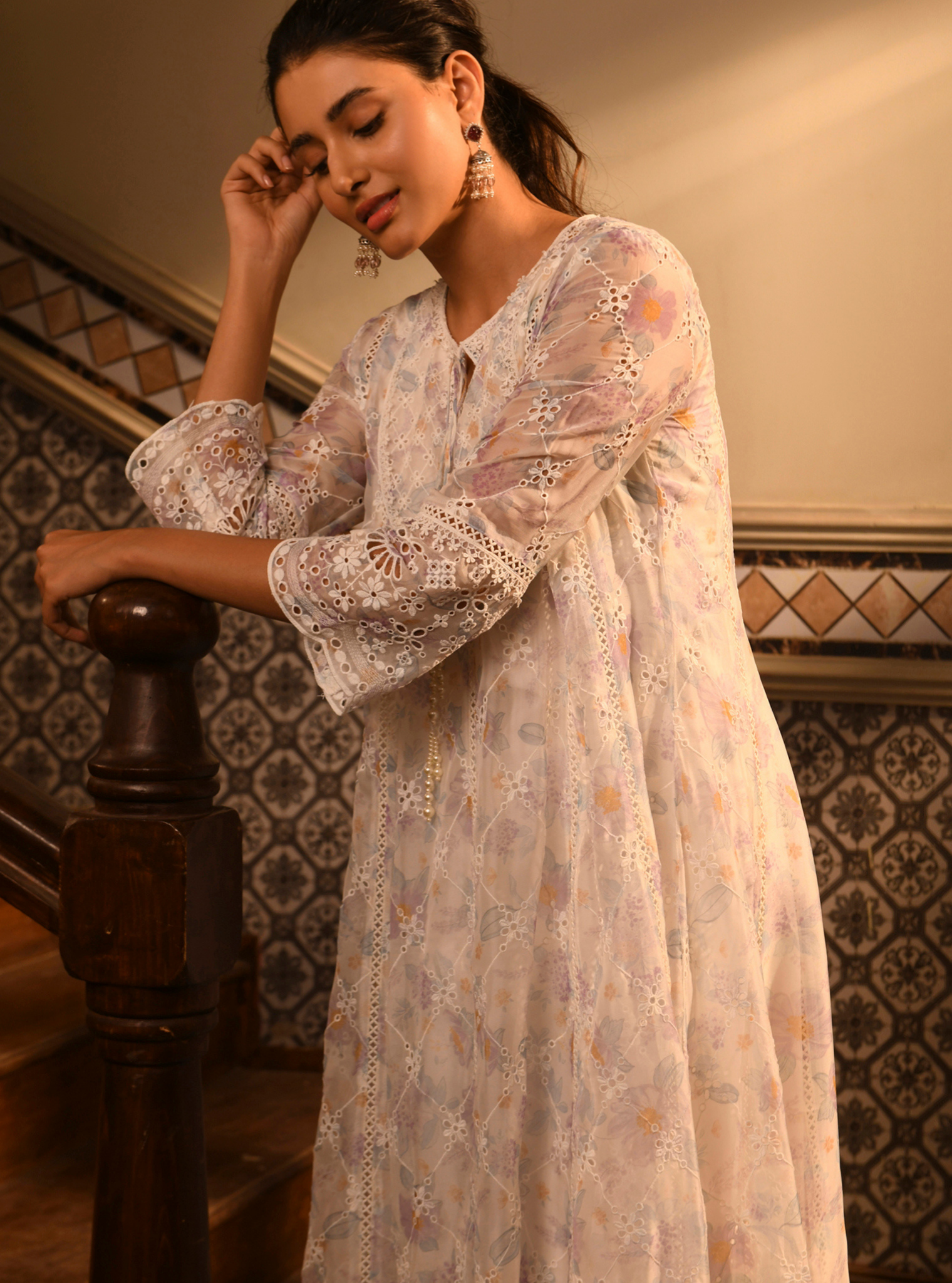 Idika Organza Printed White Anarkali Kurta Set