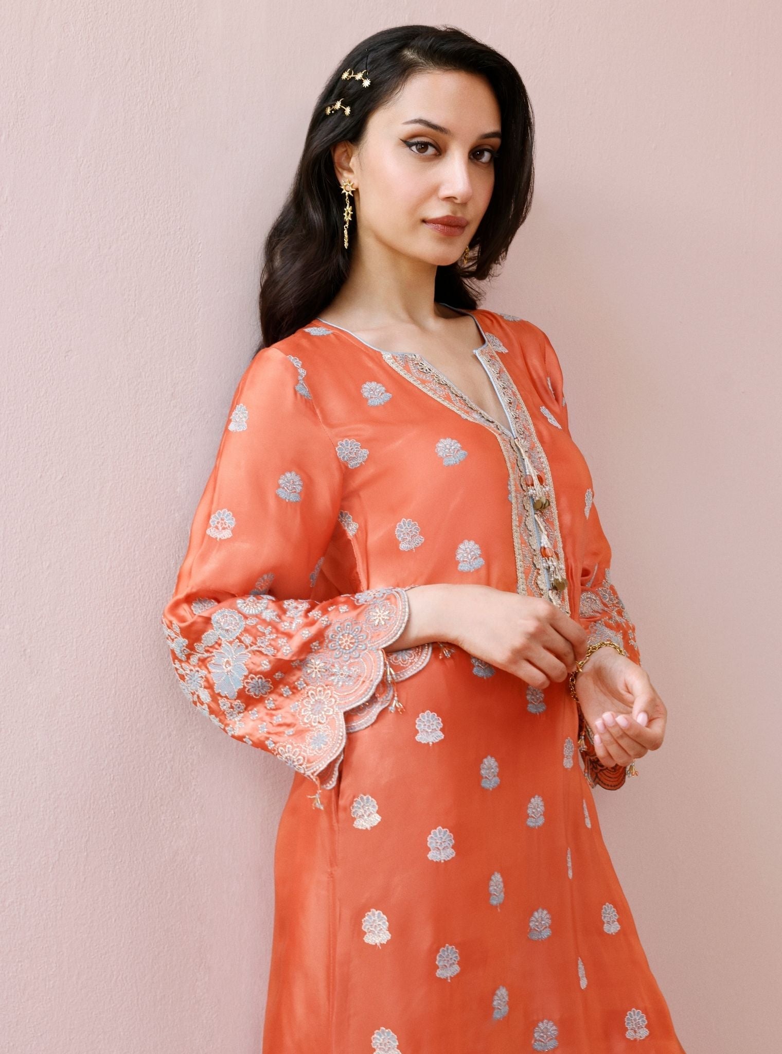 Laina Cupro Satin Orange Long Kurta Set