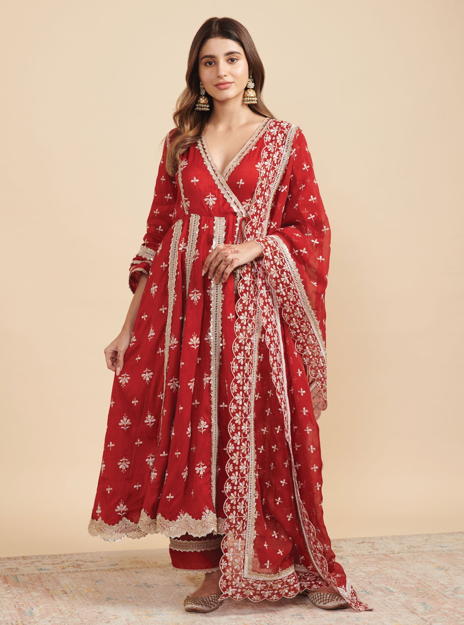 Khanak Silk Red Anarkali Kurta Set
