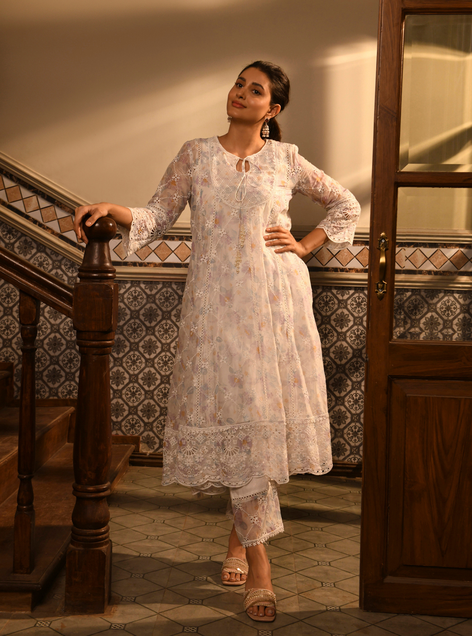 Idika Organza Printed White Anarkali Kurta Set
