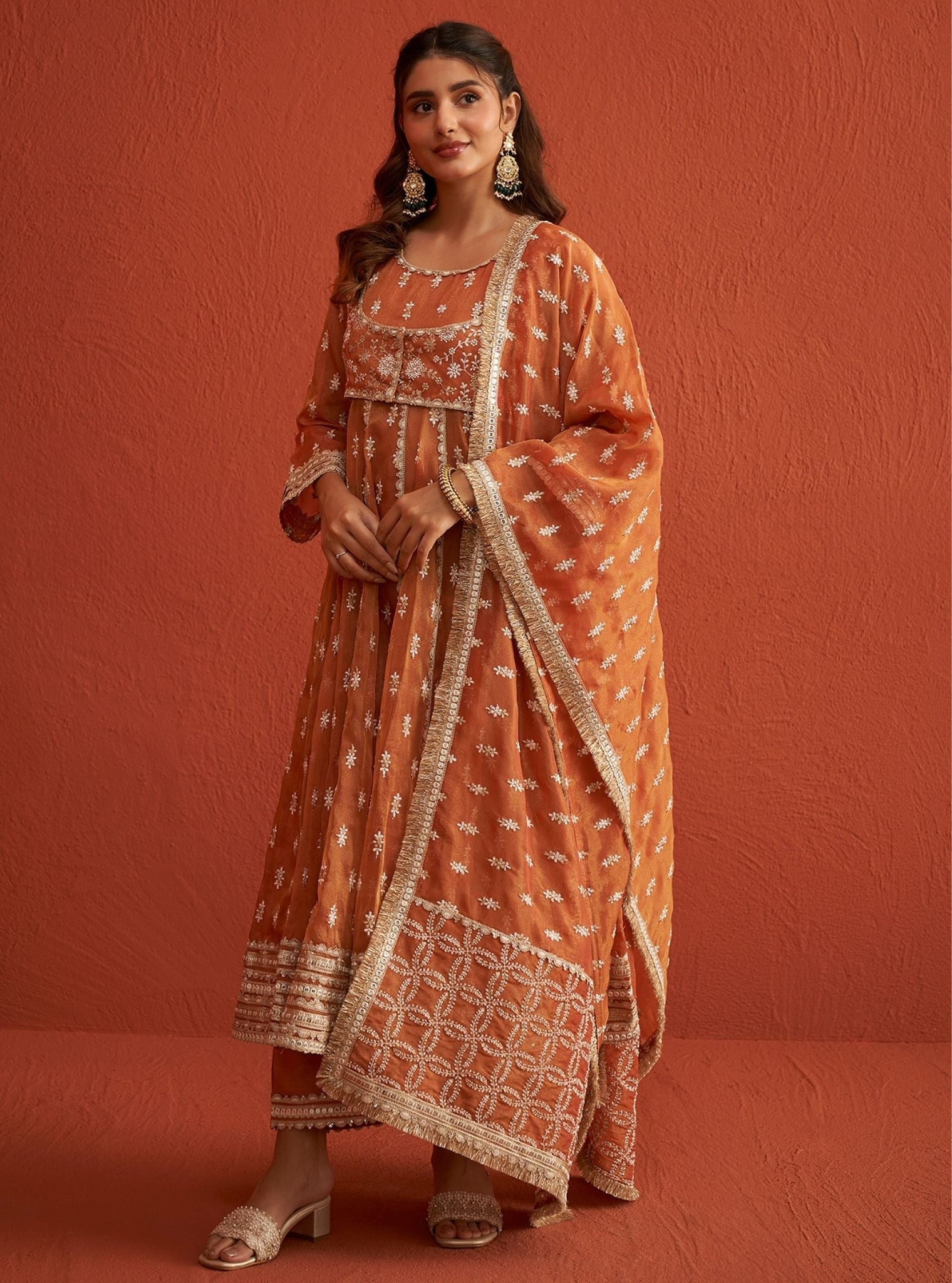 Genda Royal Tissue Burnt Orange Anarkali Kurta Set