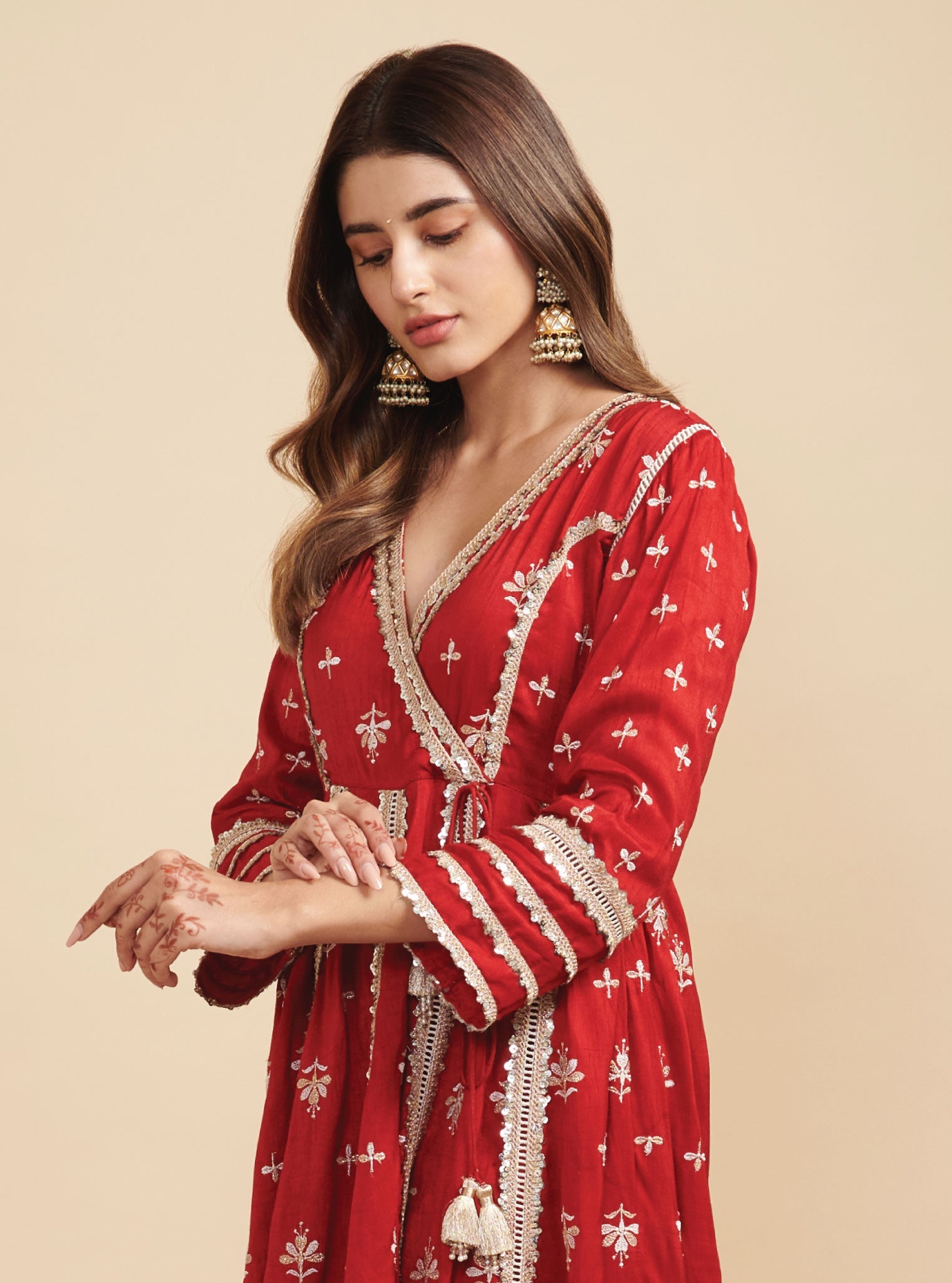 Khanak Silk Red Anarkali Kurta Set