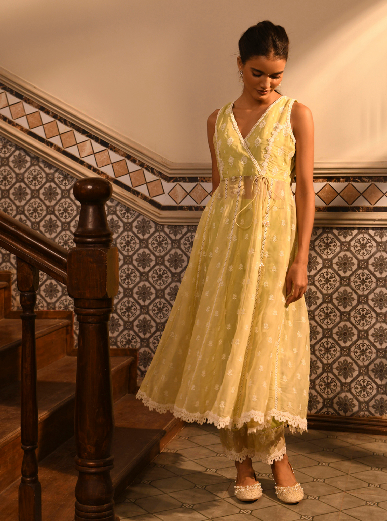 Badra Organza Lime Anarkali Set