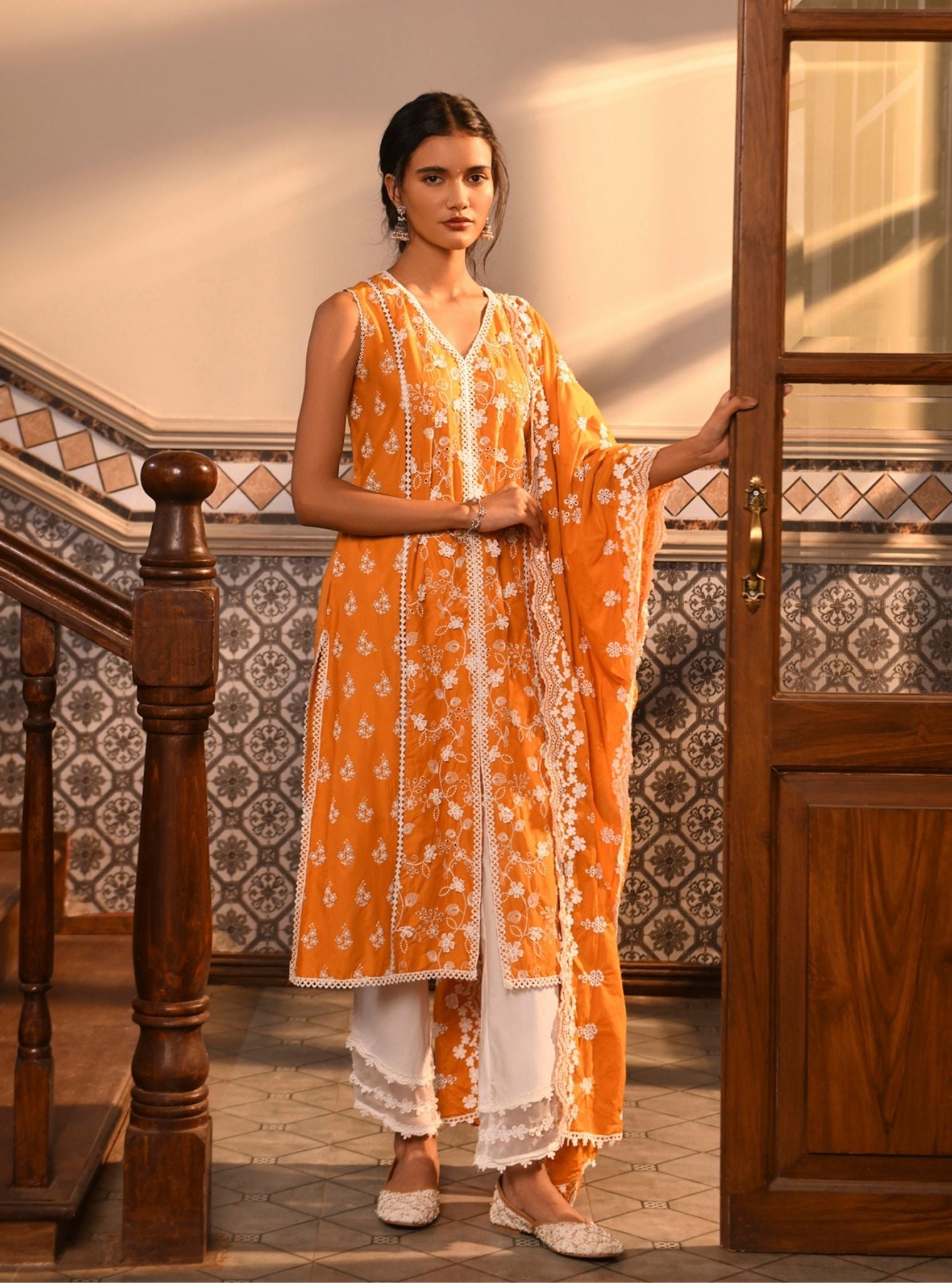Ensi Supima Cotton Orange Kurta Set