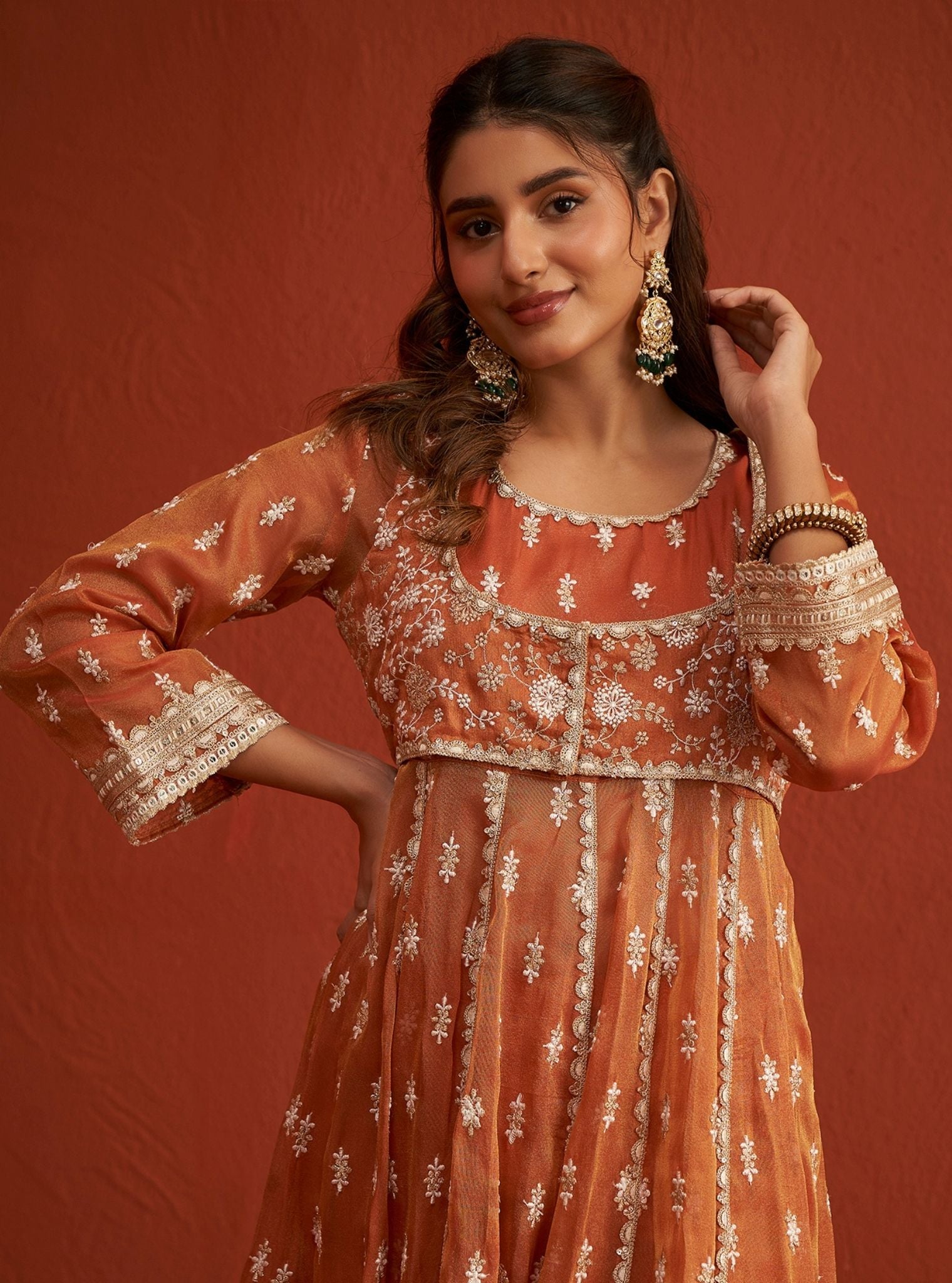 Genda Bemberg Tissue Burnt Orange Anarkali Kurta