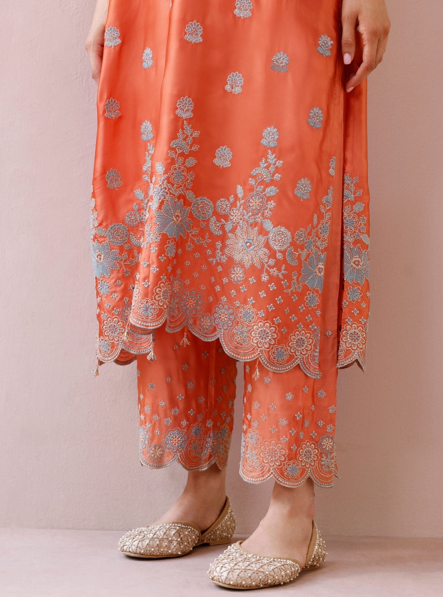 Laina Cupro Satin Orange Long Kurta Set