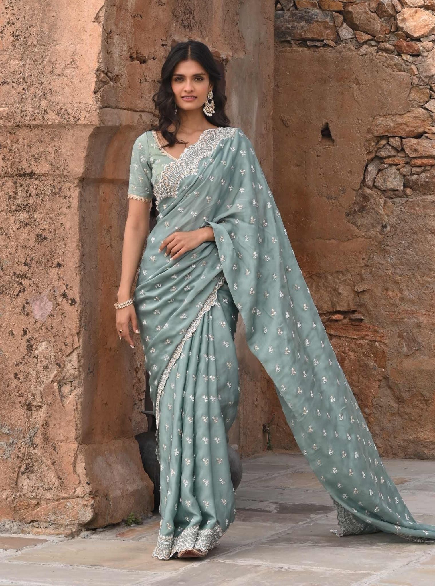 Bindiya Organza Satin Teal Blue Saree