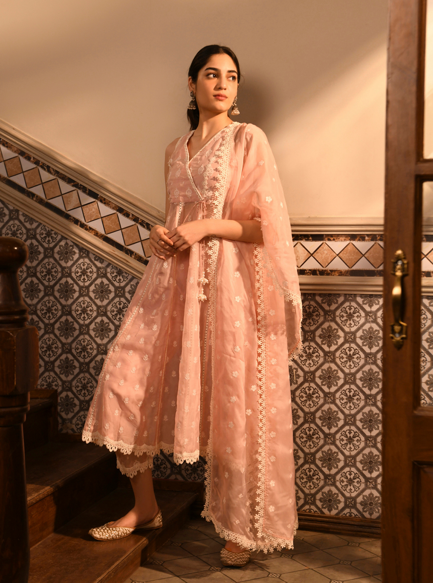 Badra Organza Pink Anarkali Set