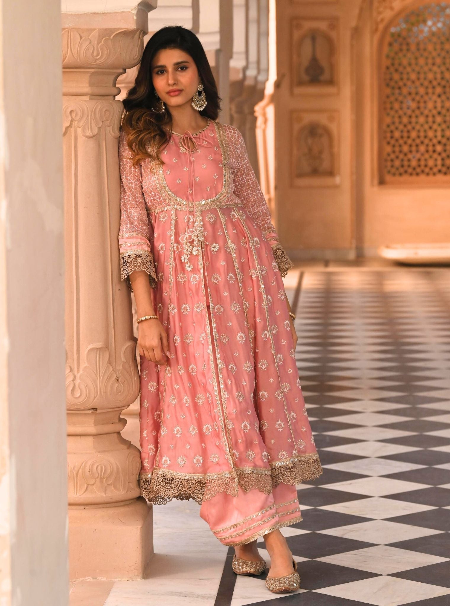 Navrai Organza Satin Light Pink Anarkali Kurta Set