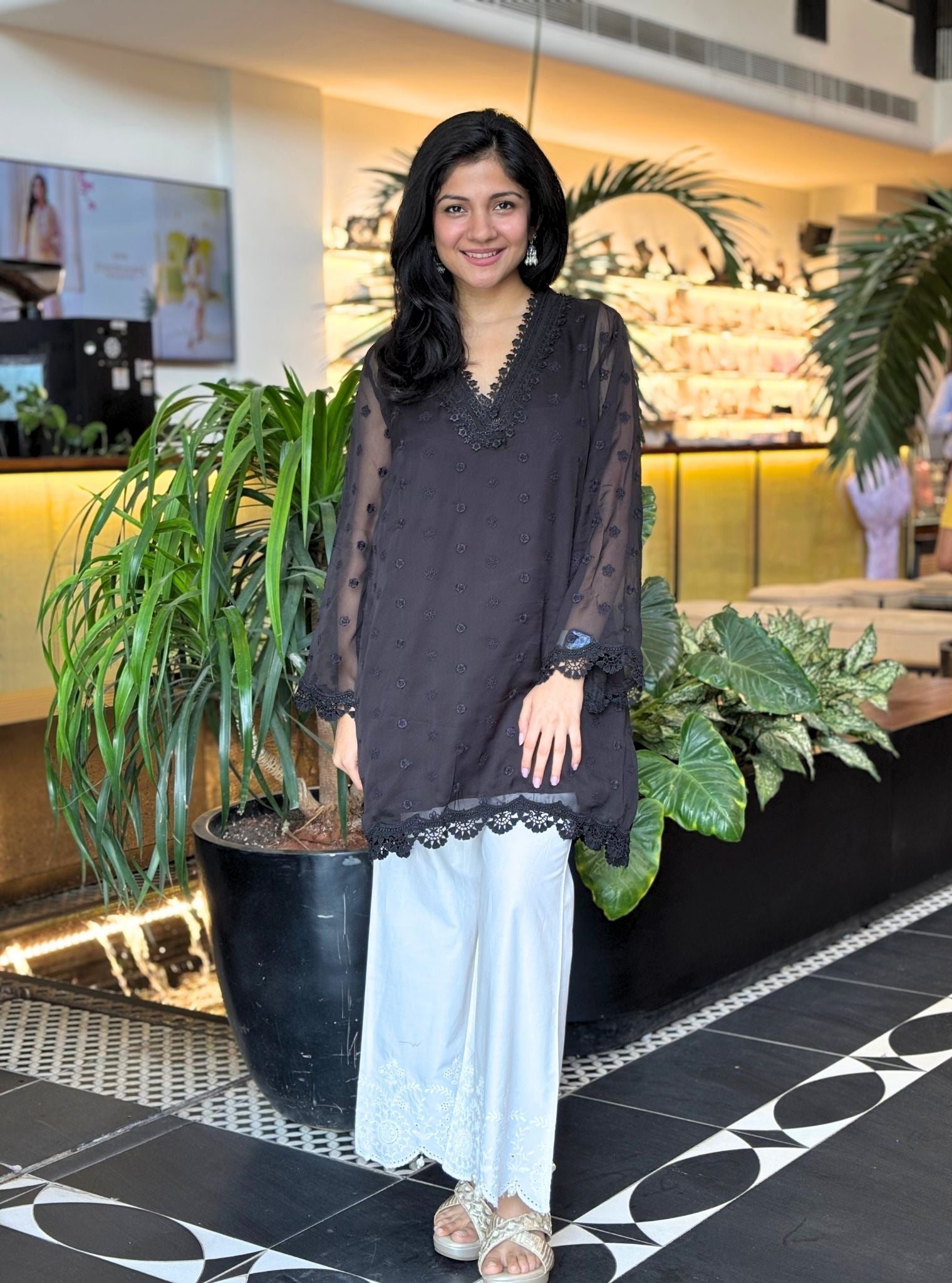 Freha Organza Black Top with Arpora White Pant Set