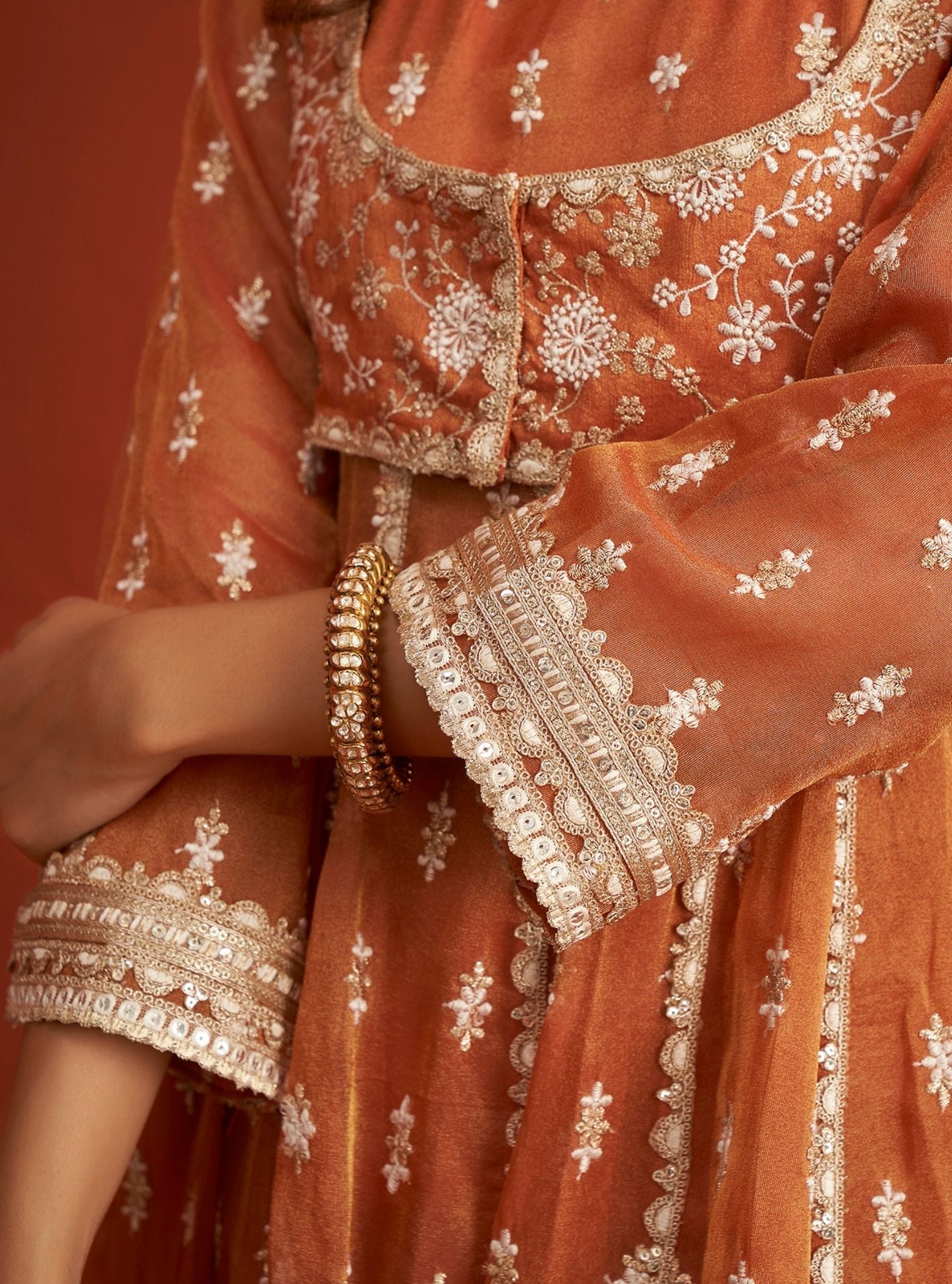 Genda Bemberg Tissue Burnt Orange Anarkali Kurta