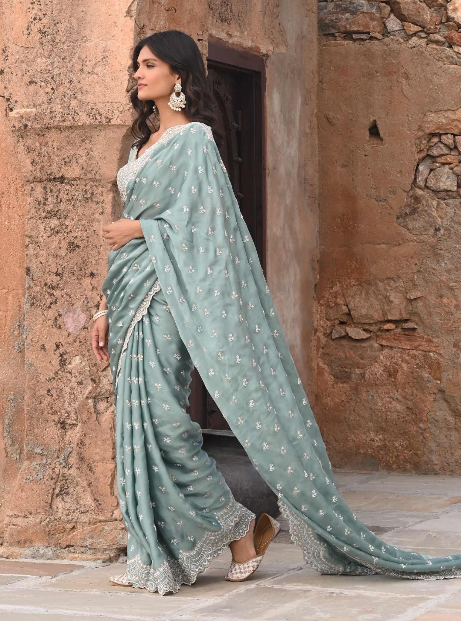 Bindiya Organza Satin Teal Blue Saree