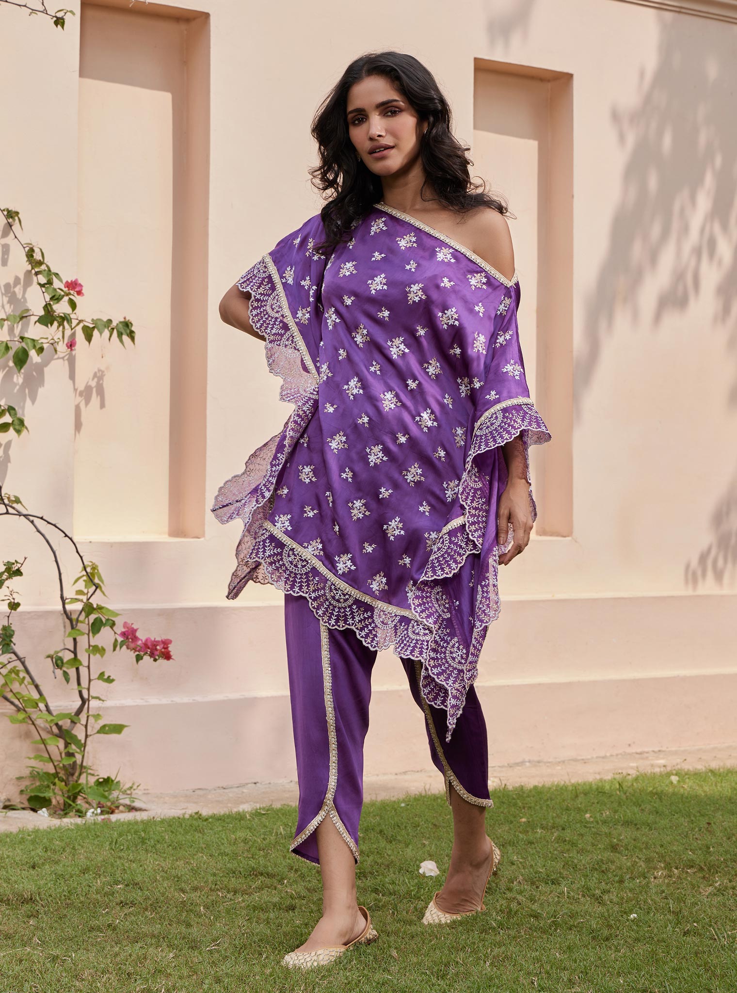 Kasuni Cupro Purple Kaftan with Dhoti Pant Set