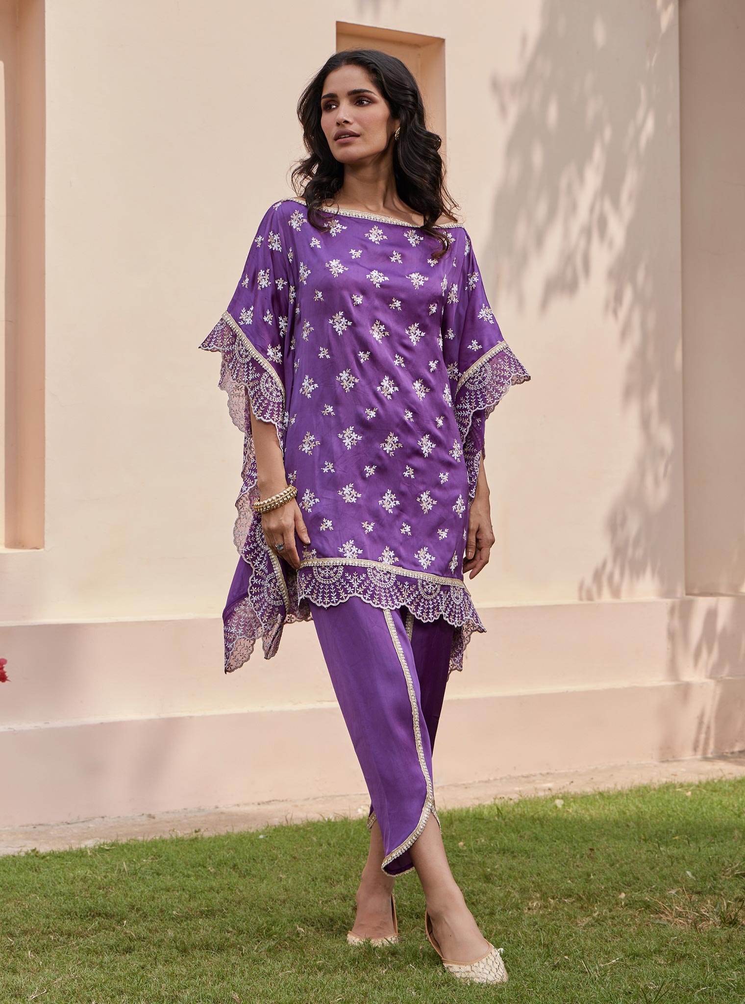 Kasuni Cupro Purple Kaftan with Dhoti Pant Set