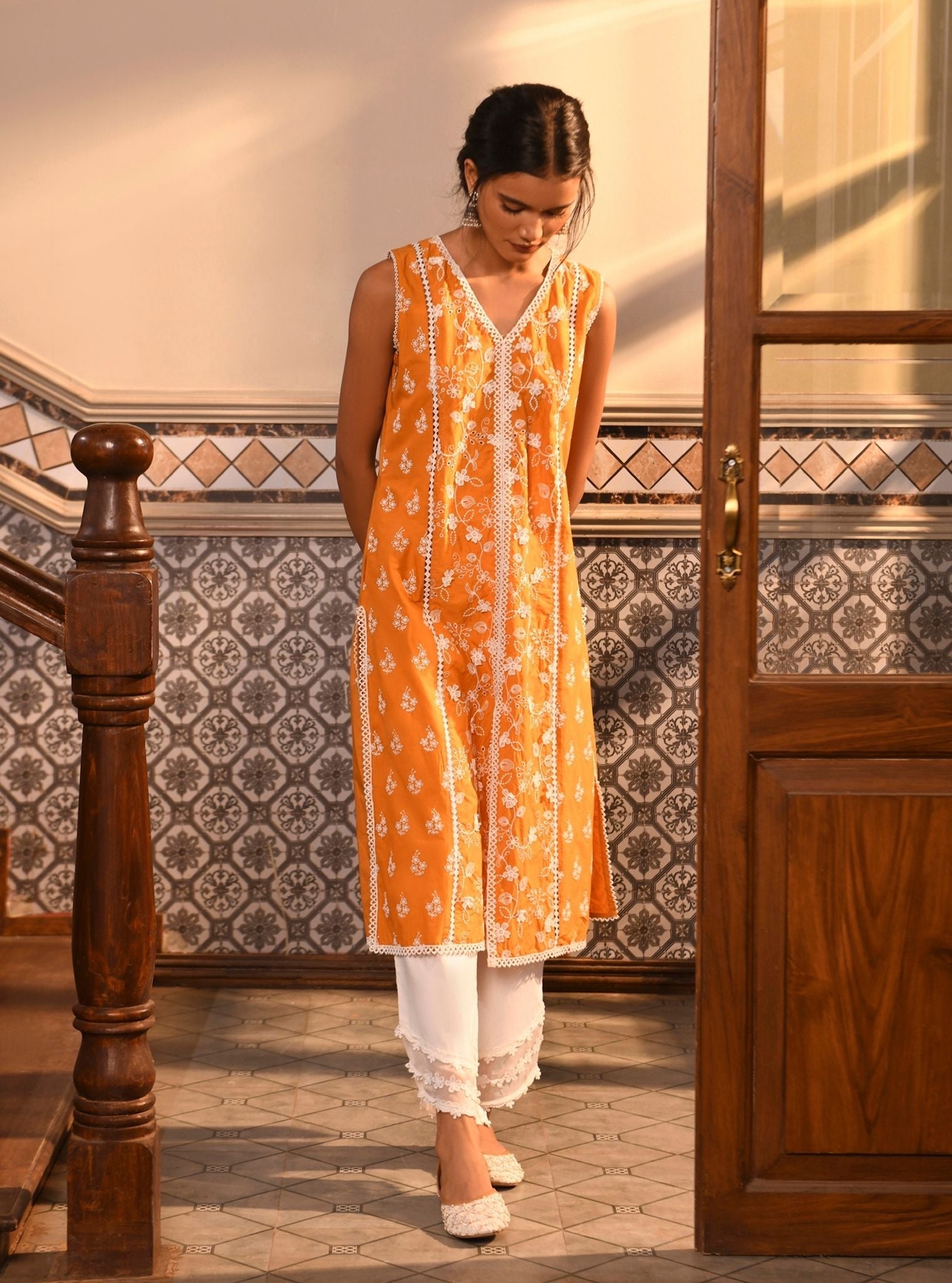 Ensi Supima Cotton Orange Kurta Set