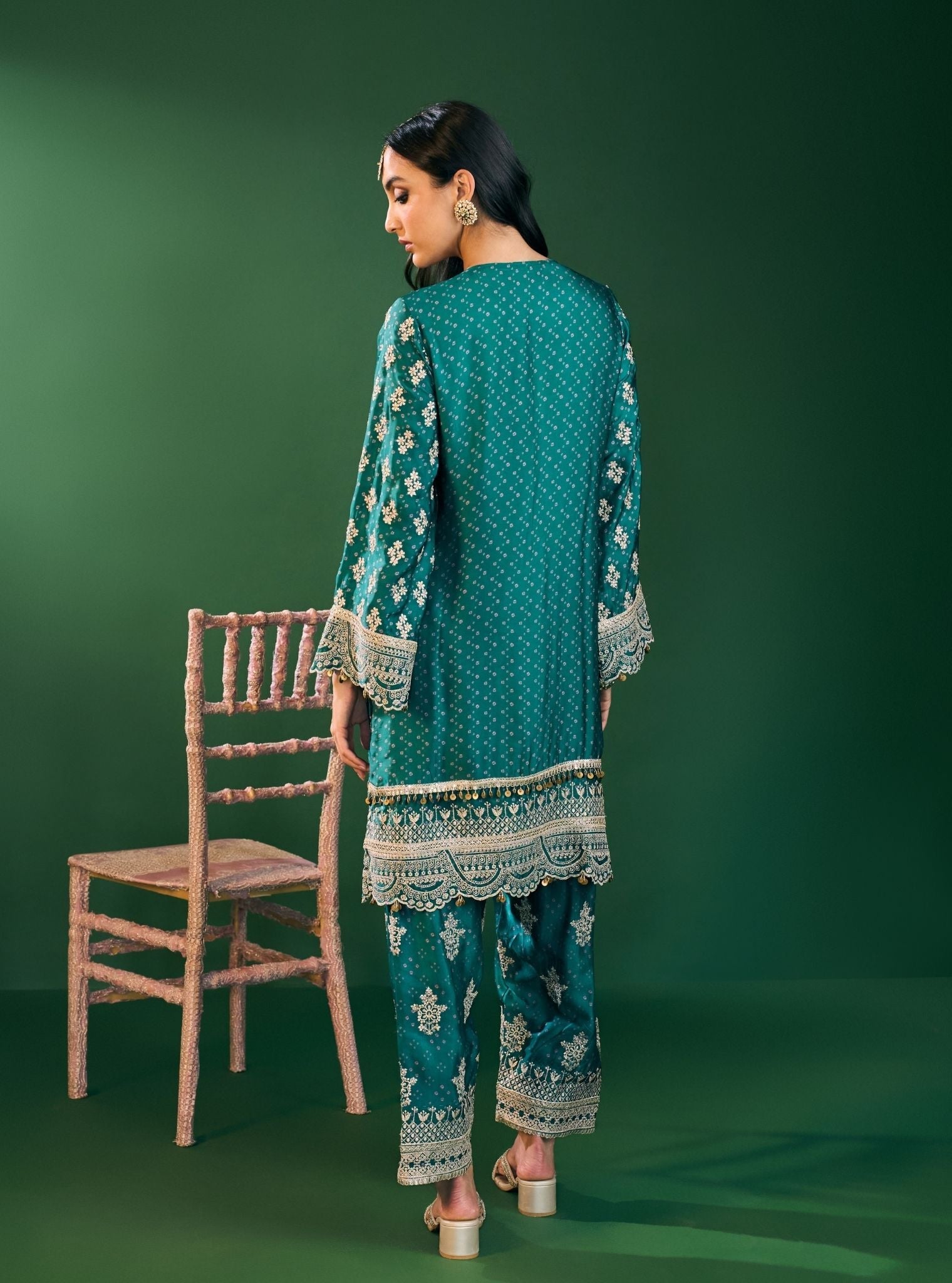 Elira Cupro Satin Emerald Green Kurta With Farshi Salwar