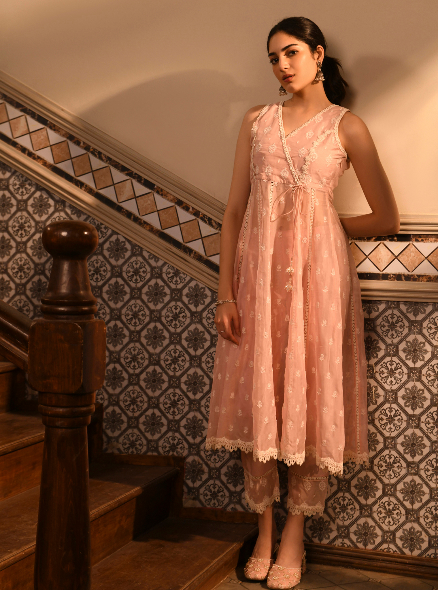 Badra Organza Pink Anarkali Set