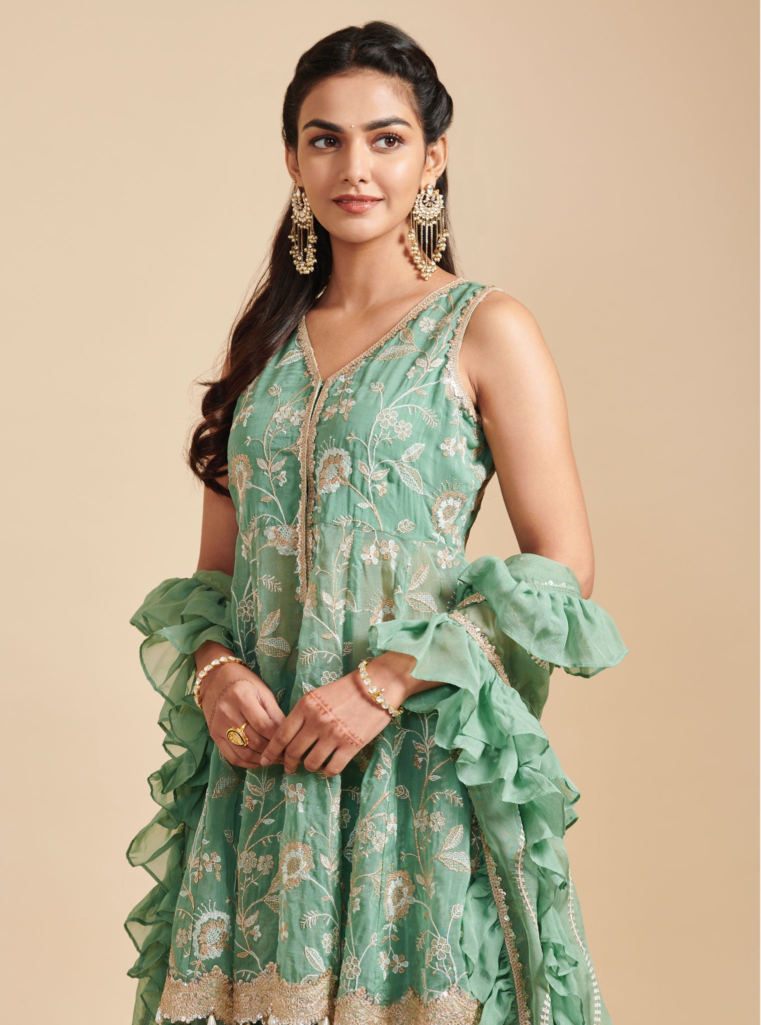 Lashkara Organza Short Anarkali Green Kurta with Sharara Set
