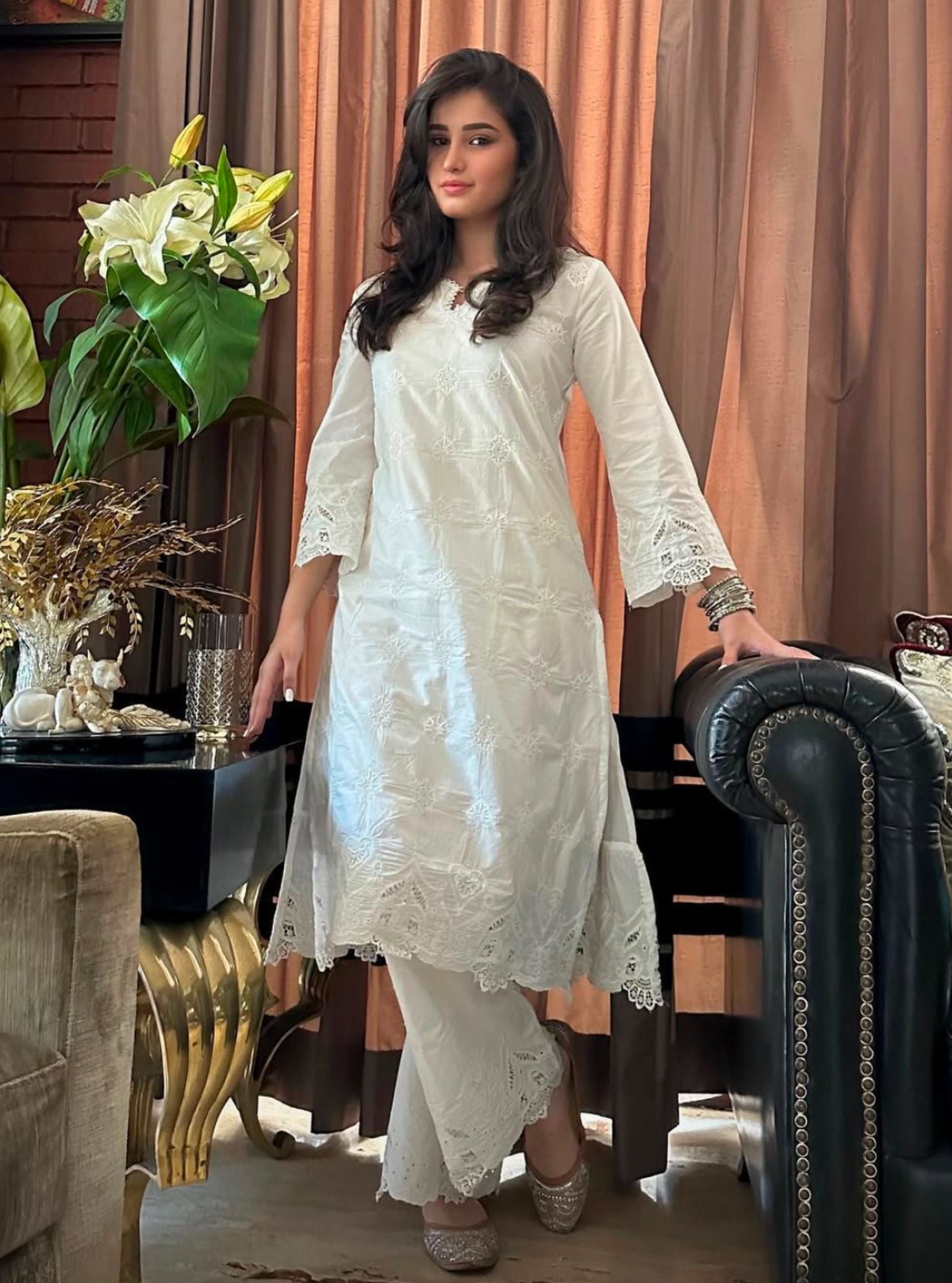 Tia Supima Cotton White Kurta with Palazzo Set