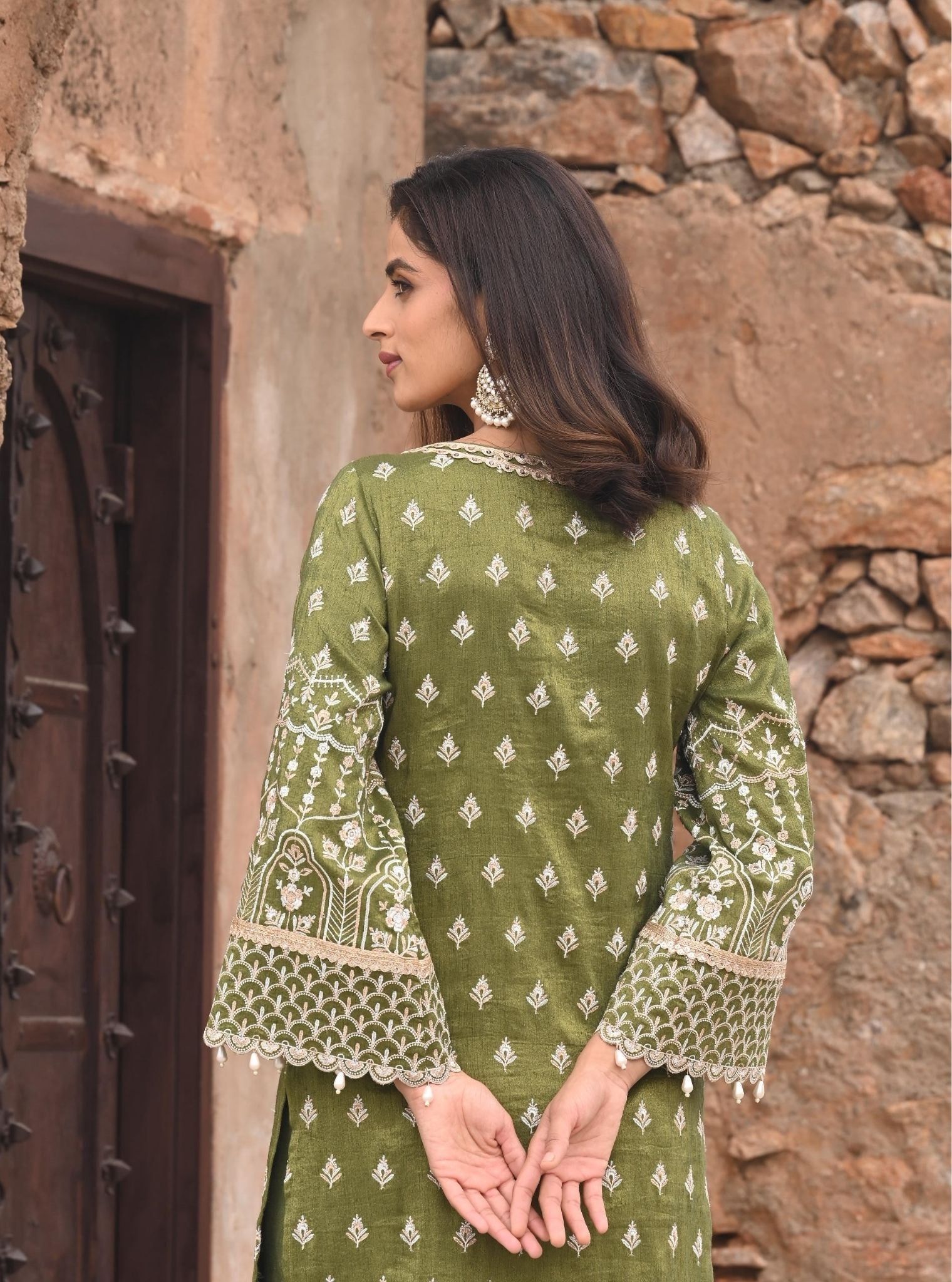 Dholna Luxe Tissue Satin Moss Green Kurta Set