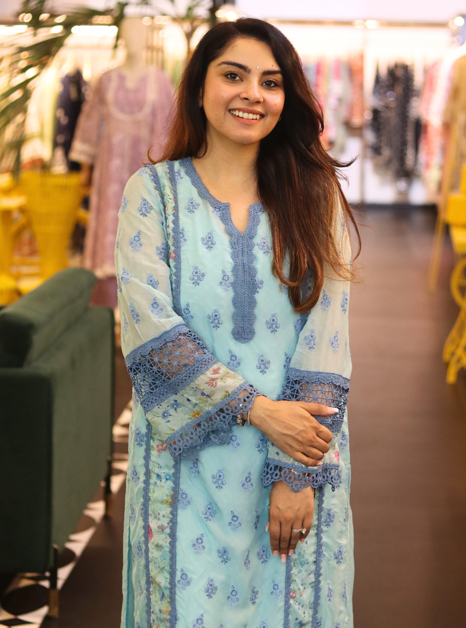 Alwen Organza Printed Blue Kurta Set