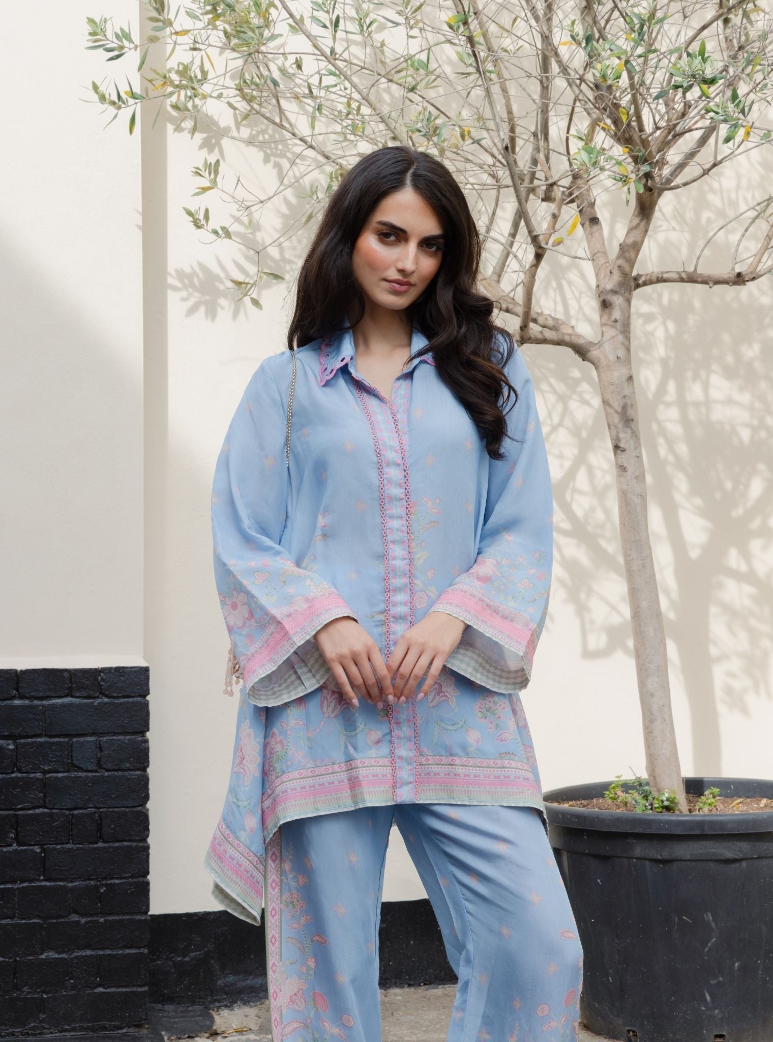 Odelle Lawn Printed Steel Blue Shirt Set