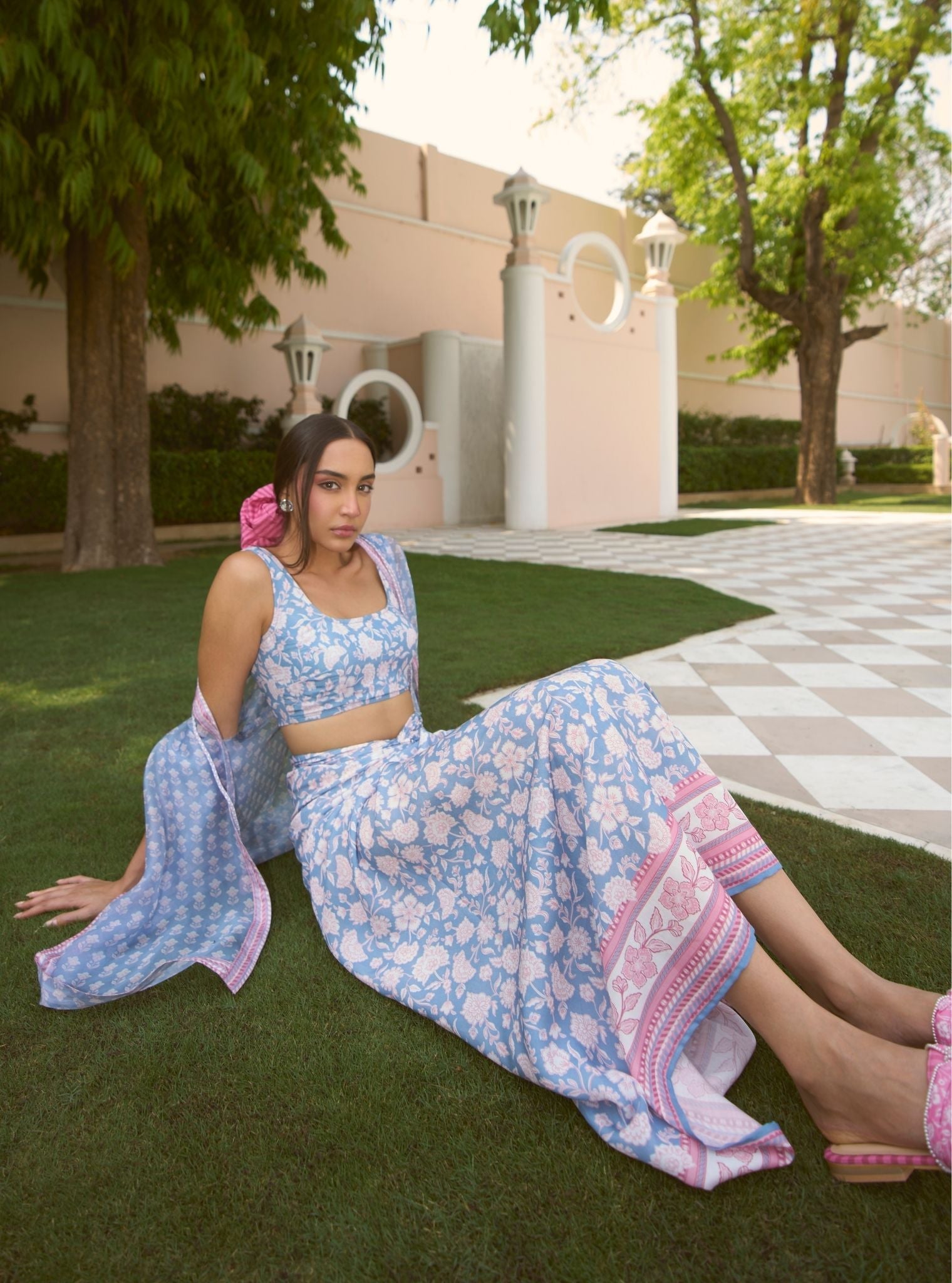 Nazeera Steel Blue Printed Organza Shirt & Lawn Skirt Set