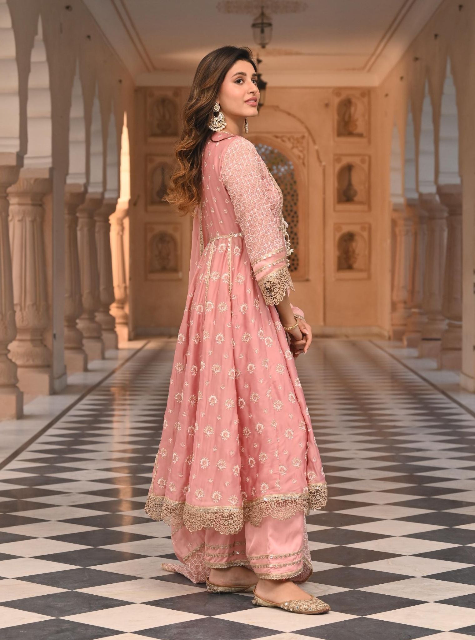 Navrai Organza Satin Light Pink Anarkali Kurta Set