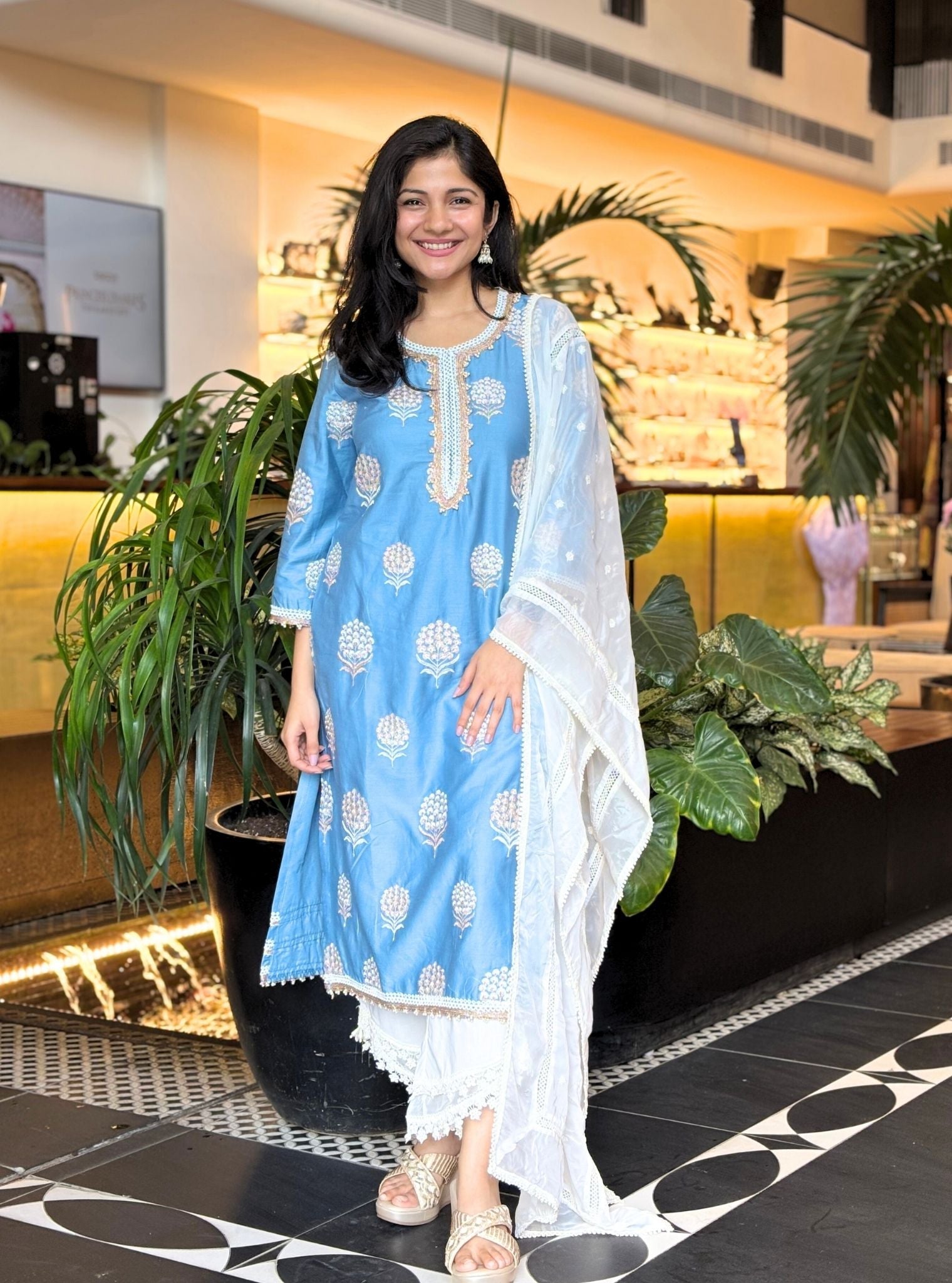 Amira Supima Satin Blue Kurta with Keerth White Pant Set