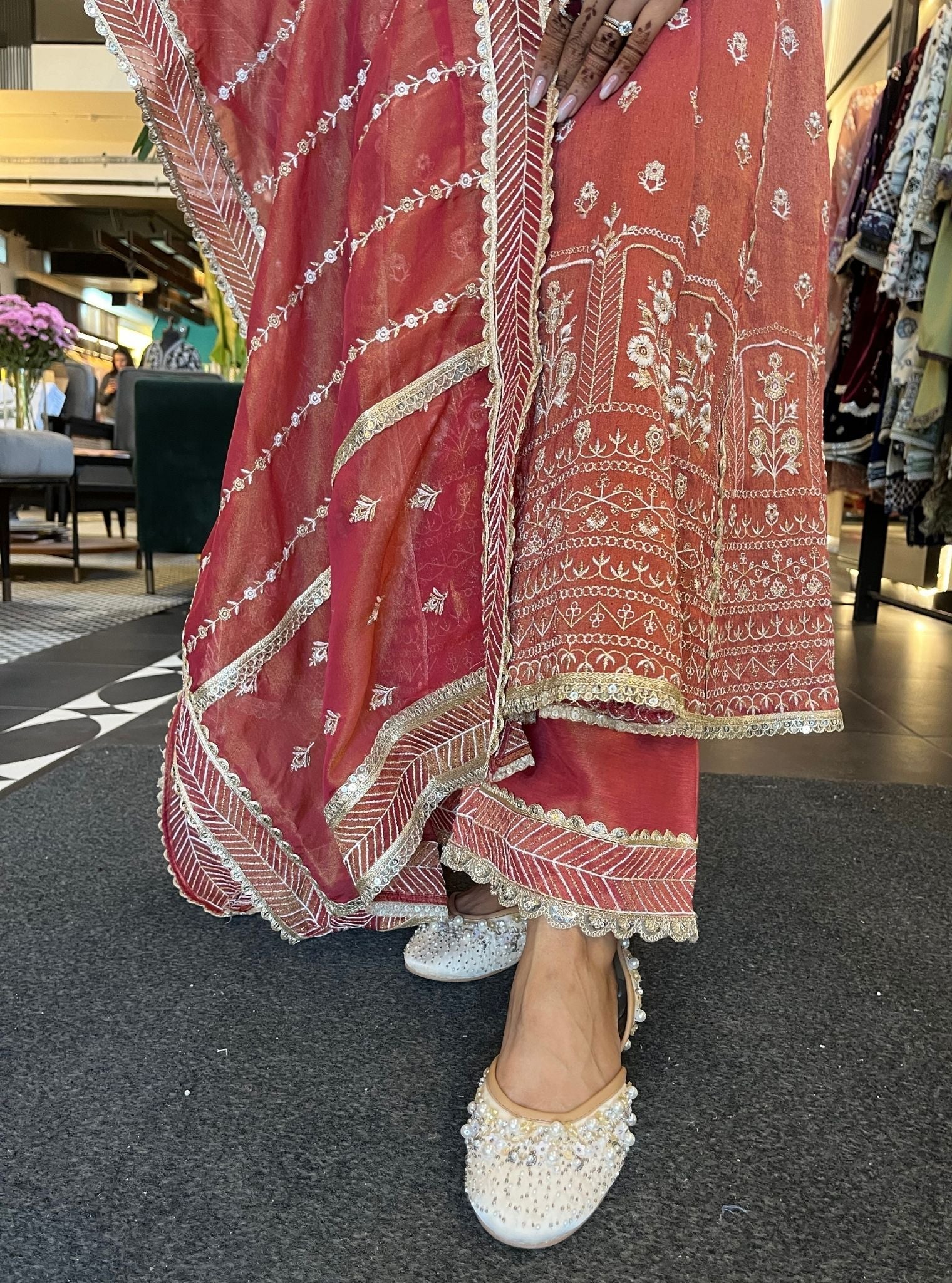 Mastani Luxe Tissue Satin Red Anarkali Kurta Set