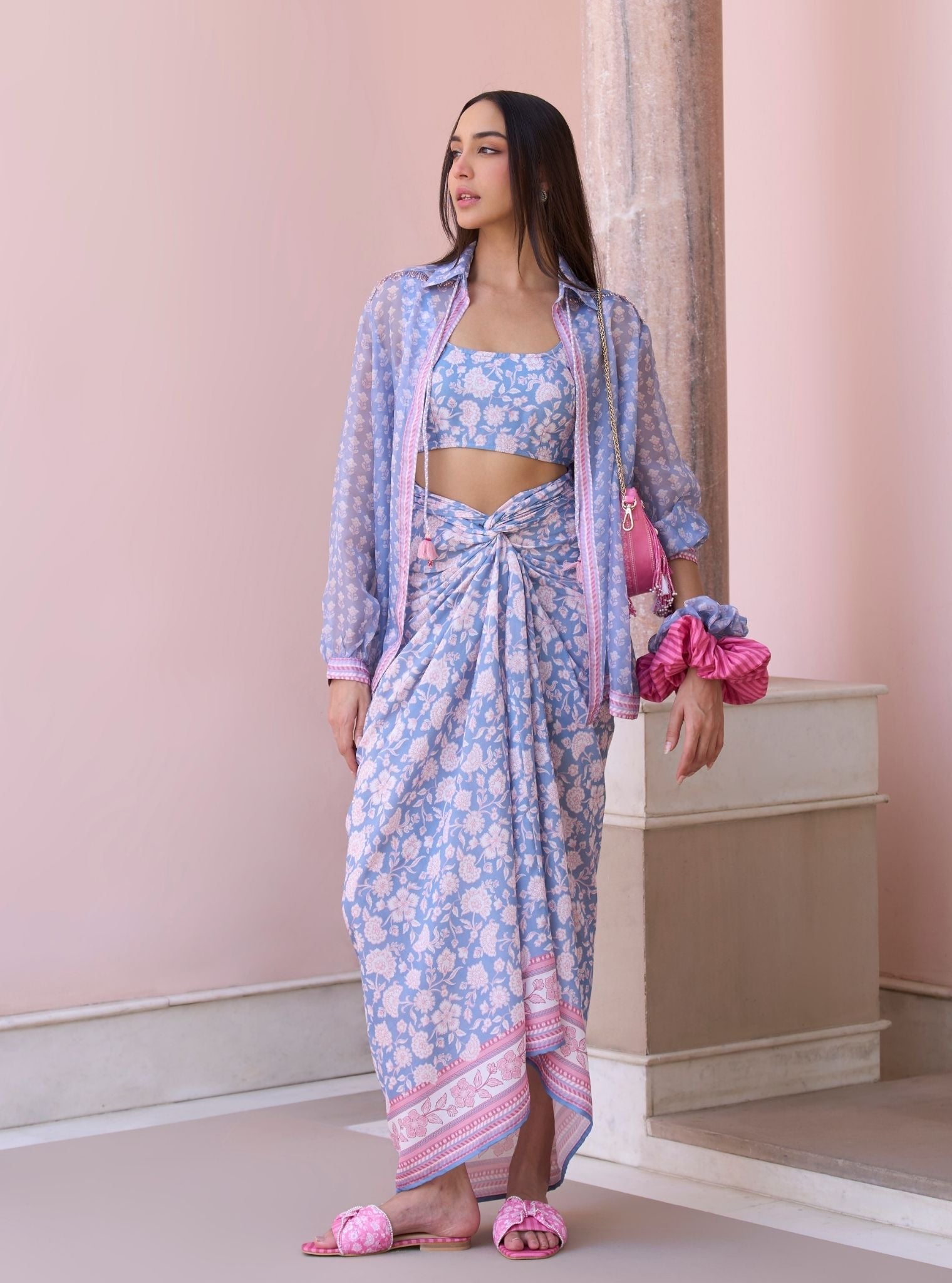 Nazeera Steel Blue Printed Organza Shirt & Lawn Skirt Set
