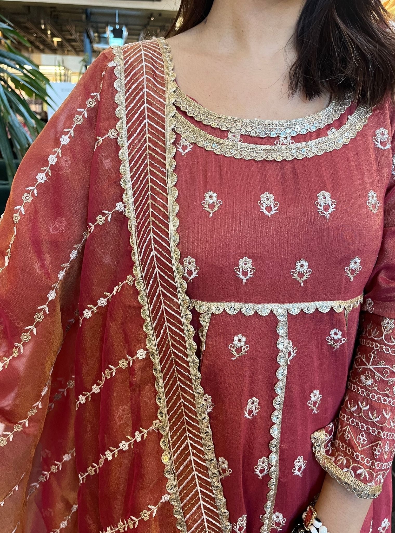 Mastani Luxe Tissue Satin Red Anarkali Kurta Set