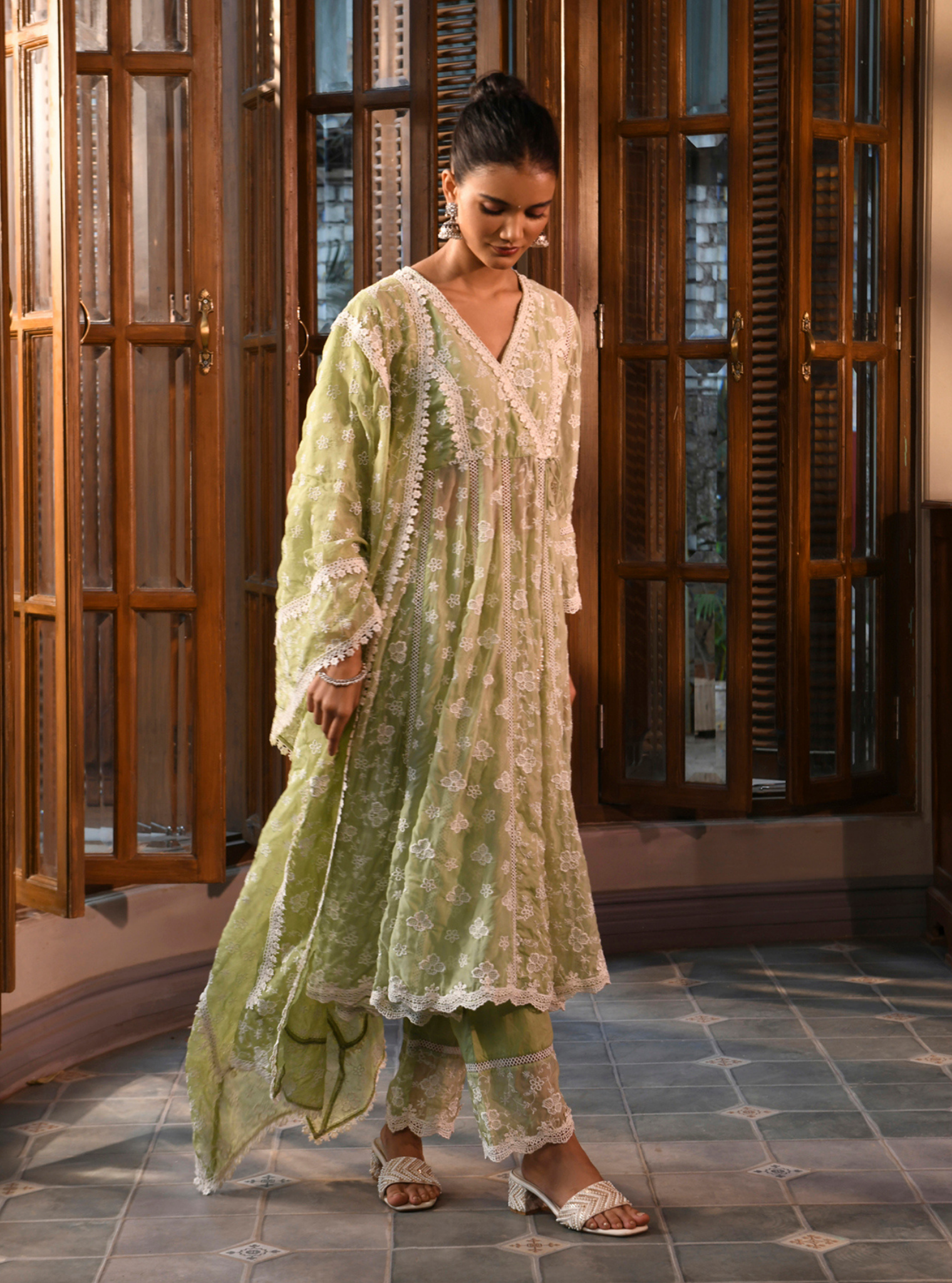 Bolour Organza Green Anarkali Set