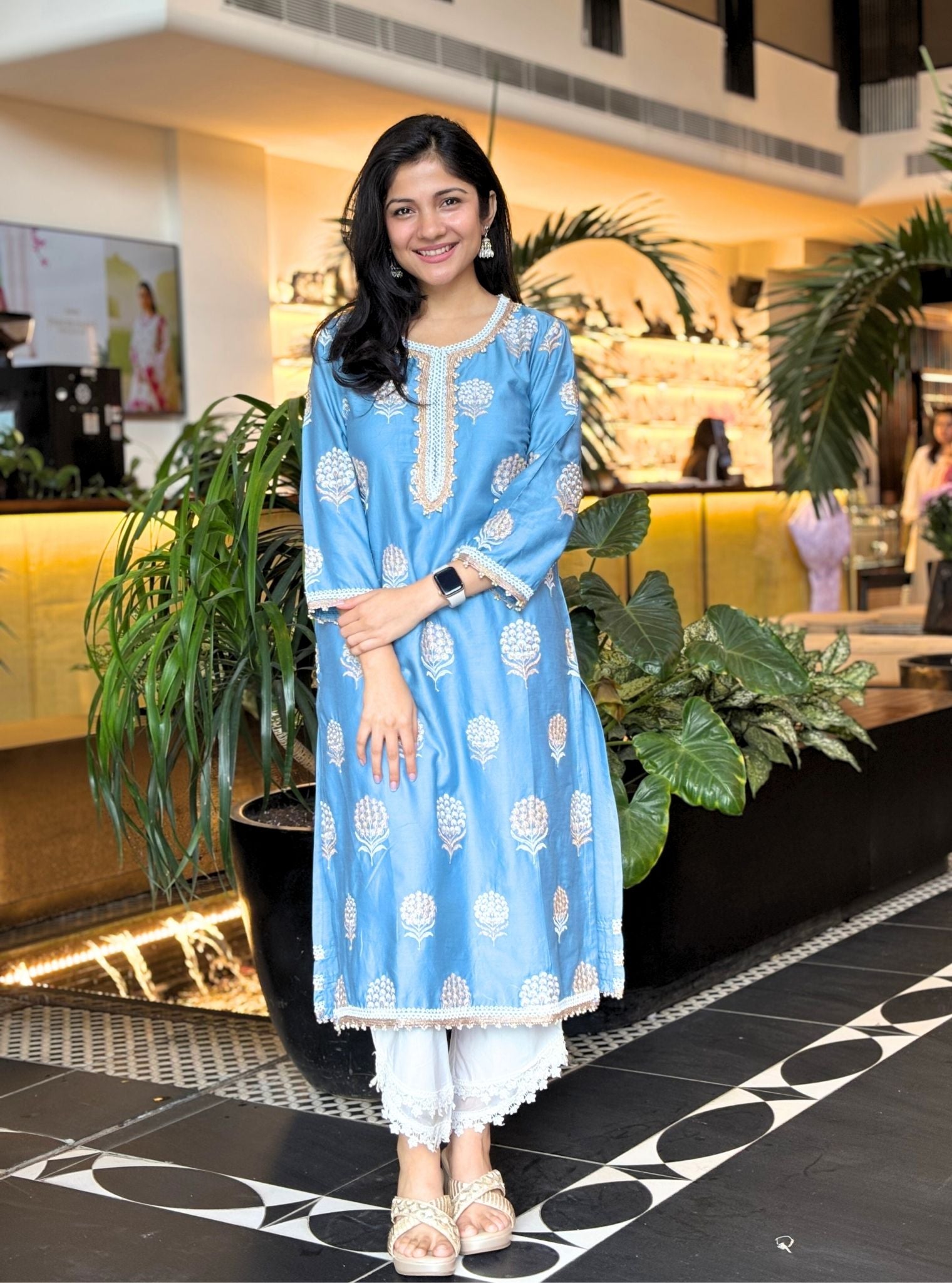 Amira Supima Satin Blue Kurta with Keerth White Pant Set