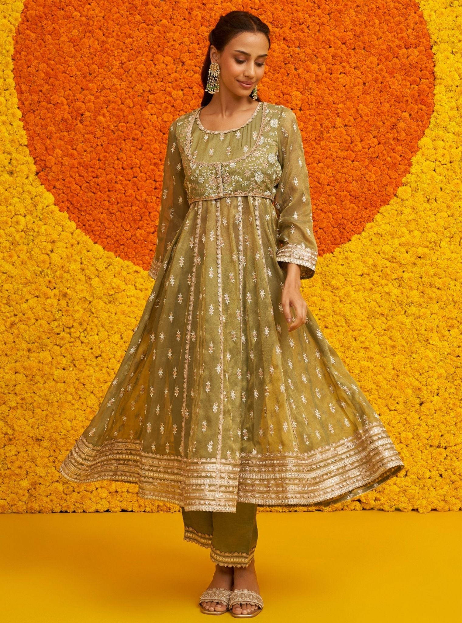 Genda Royal Tissue Sage Green Anarkali Kurta Set