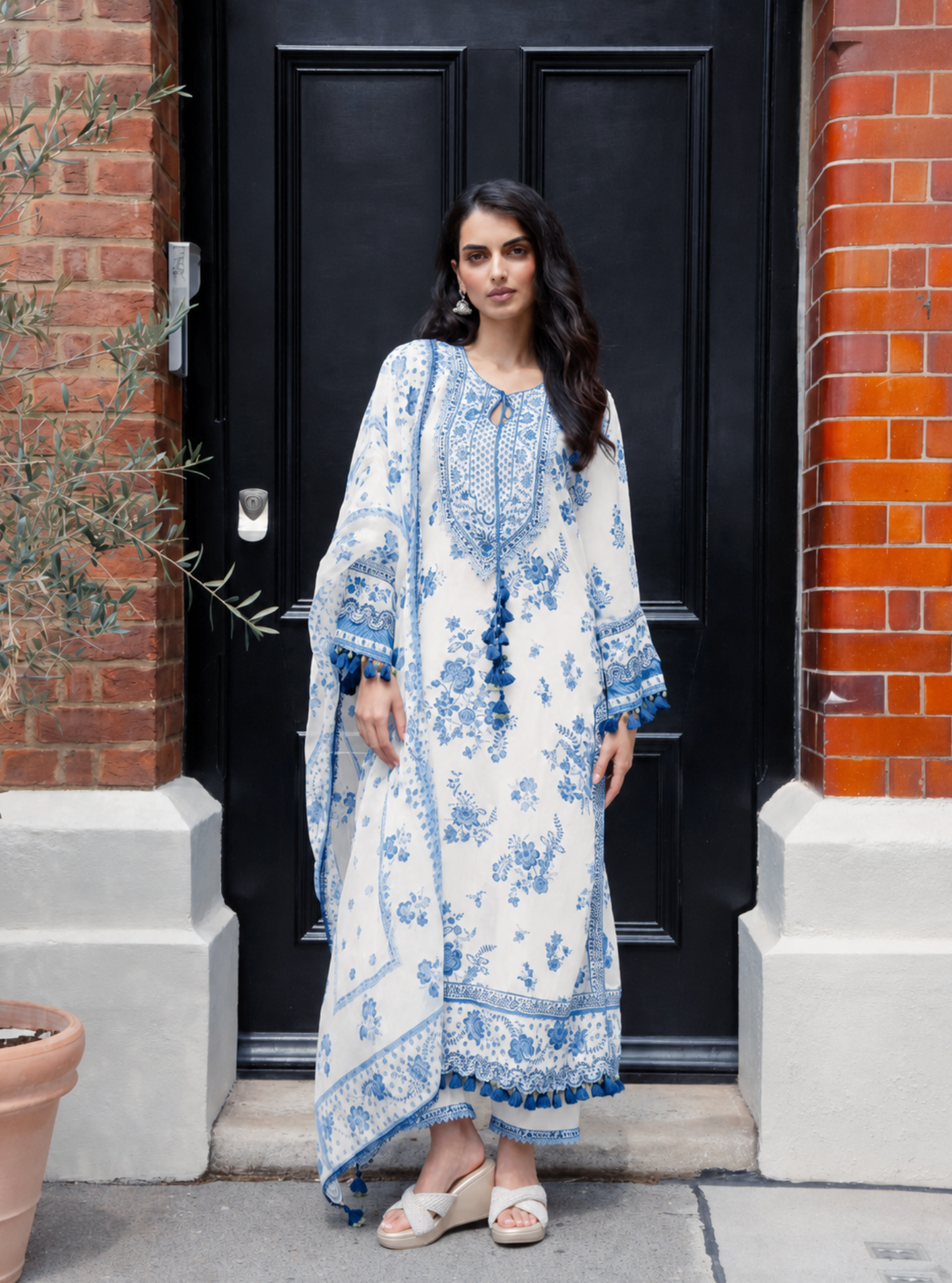 Suvi Lawn Printed Off-White & Blue Kurta Set