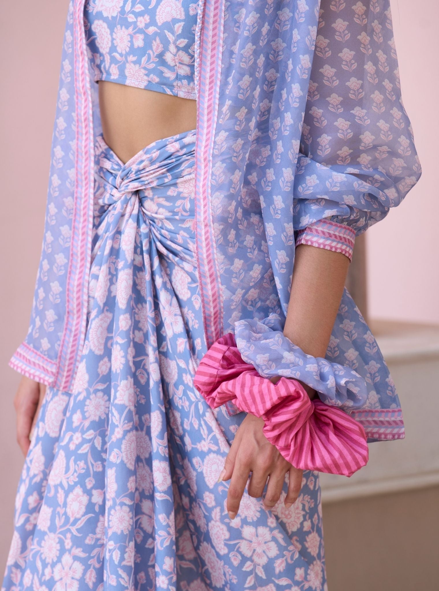 Nazeera Steel Blue Printed Organza Shirt & Lawn Skirt Set