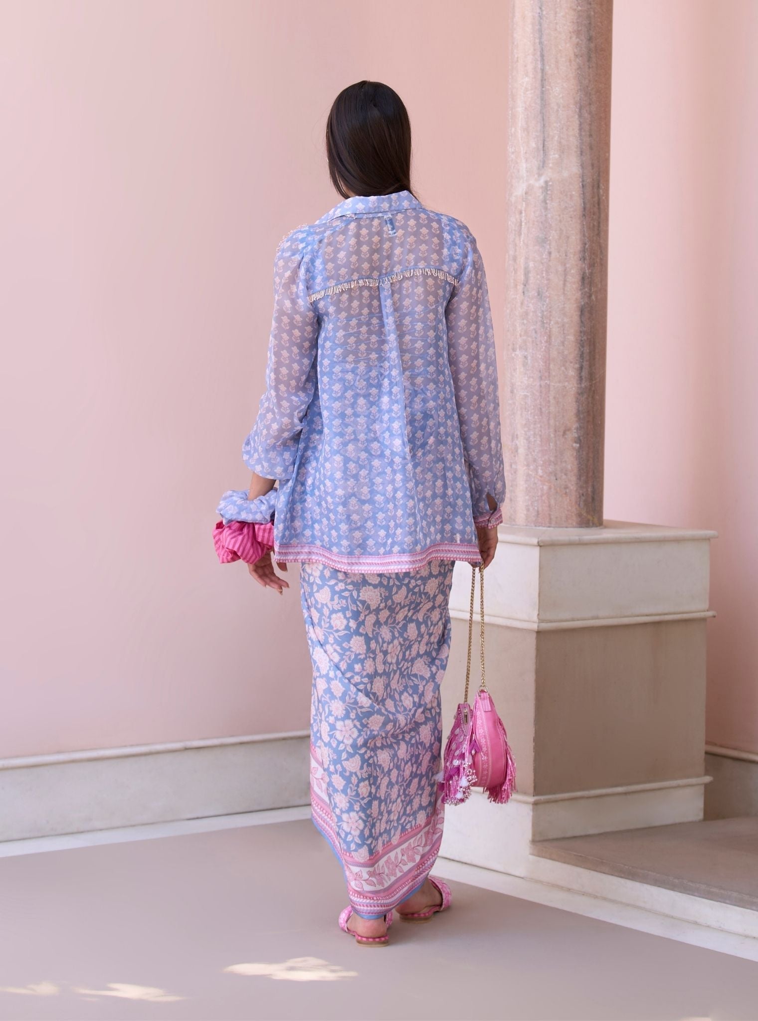 Nazeera Steel Blue Printed Organza Shirt & Lawn Skirt Set