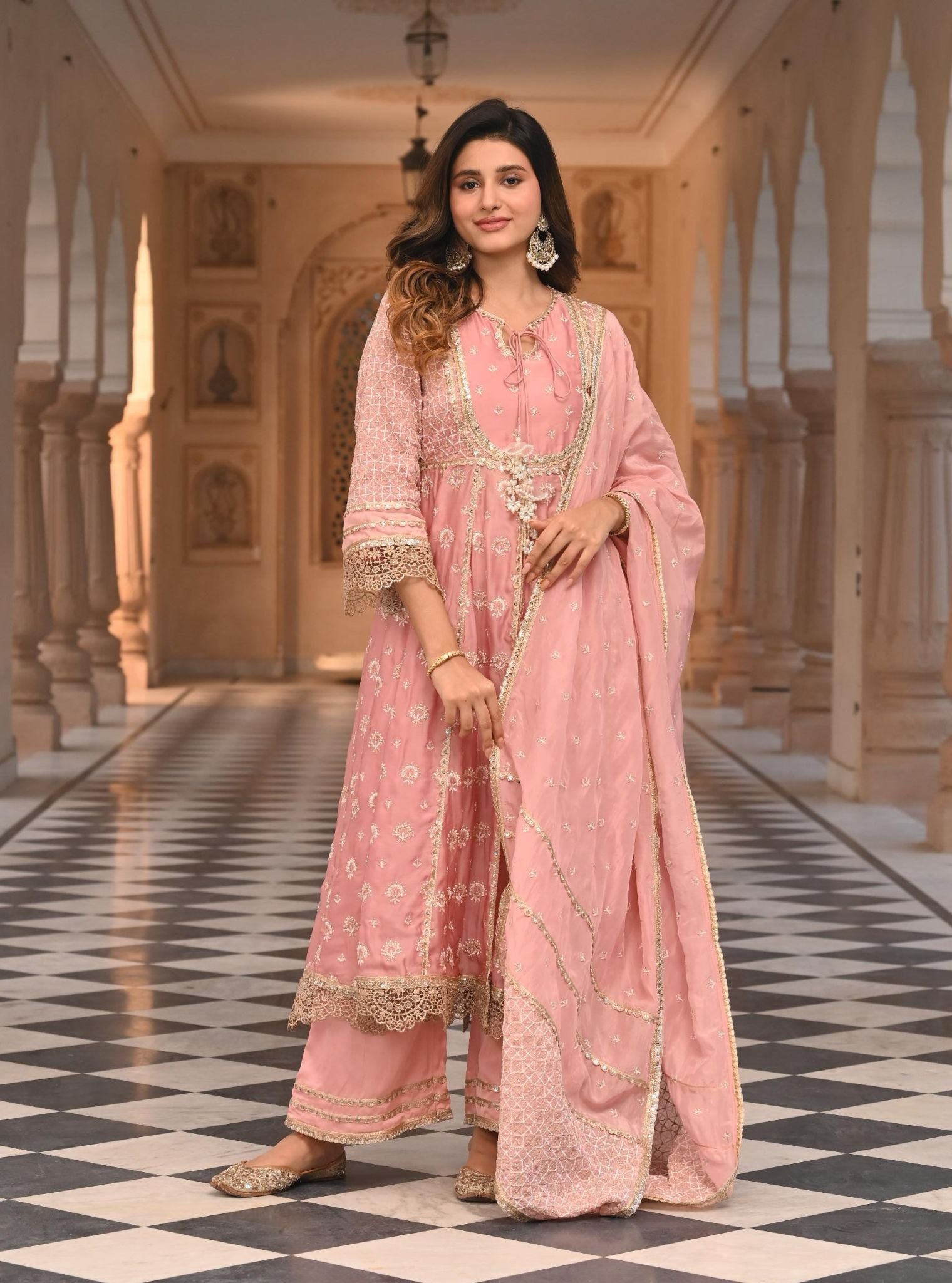 Navrai Organza Satin Light Pink Anarkali Kurta Set