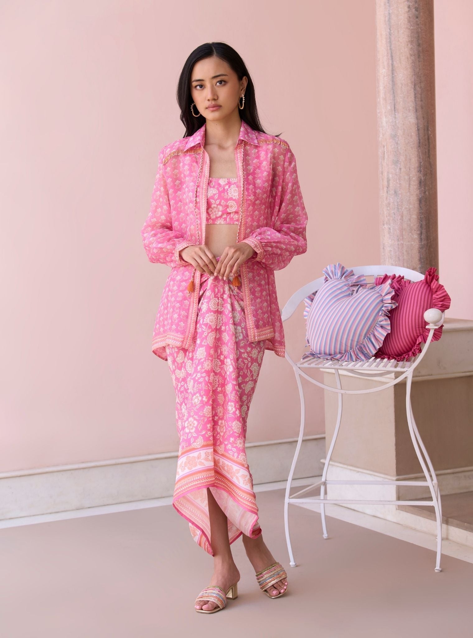 Nazeera Rani Pink Printed Organza Shirt & Lawn Skirt Set