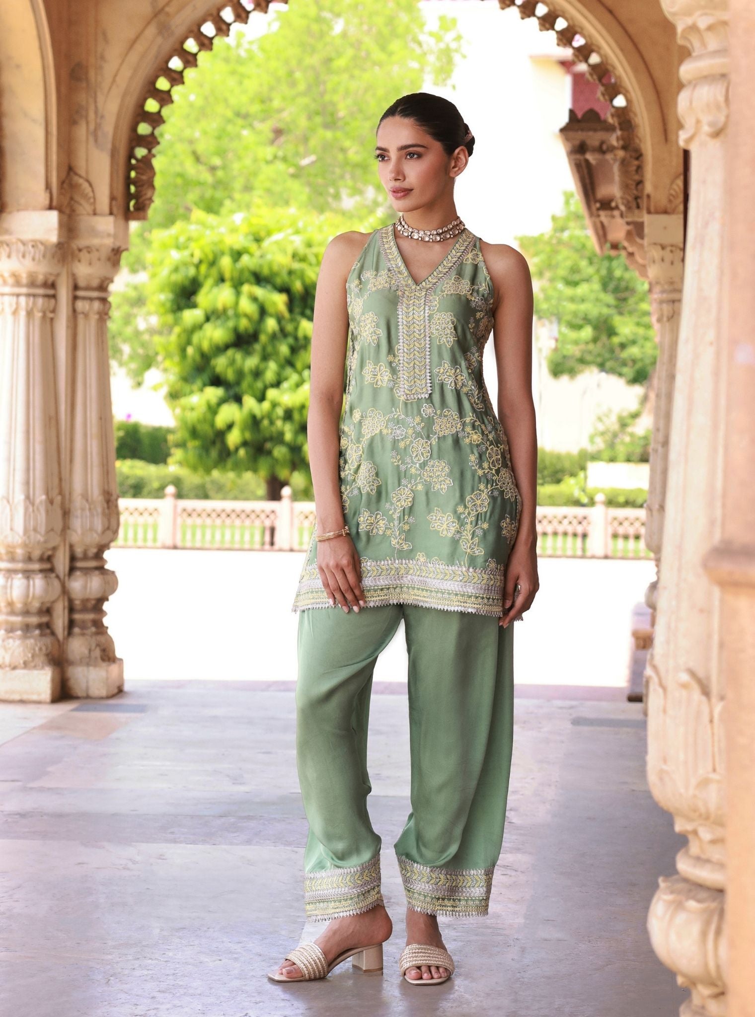 Jivara Bemberg Satin Sage Green Kurta Set