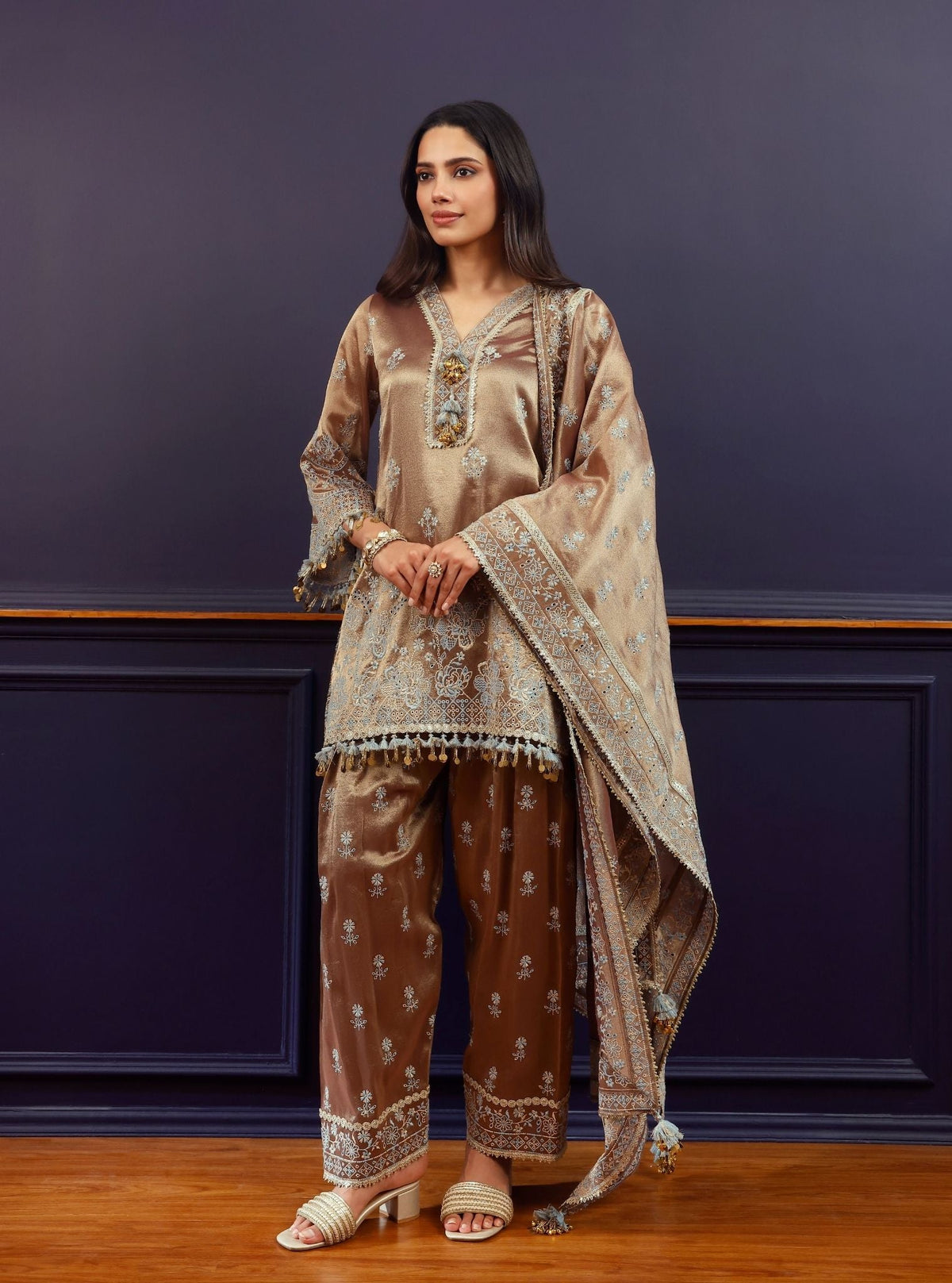 Lovi Tissue Pista Brown Kurta Set